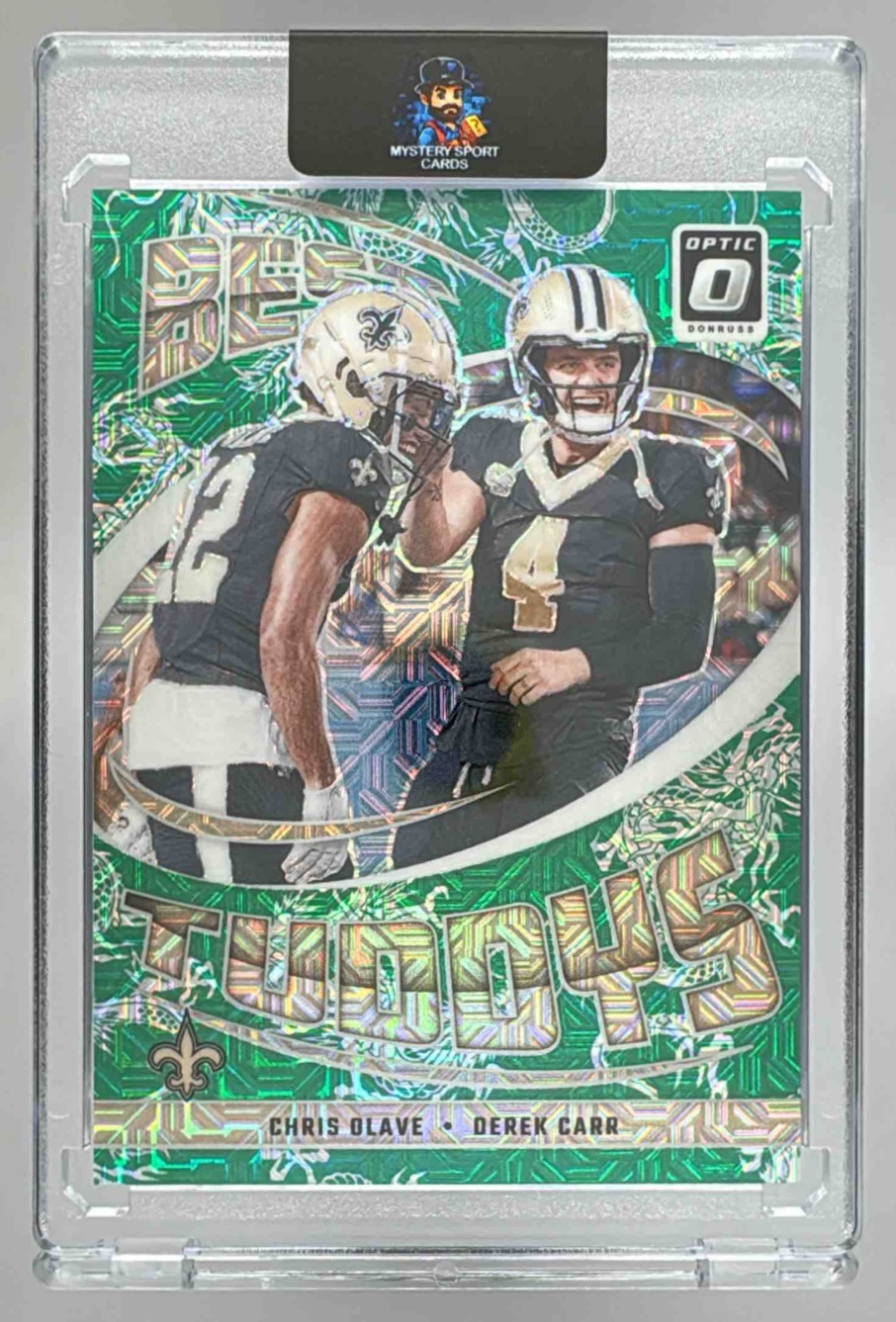 Card image for 2024 Panini Donruss Optic Chris Olave Derek Carr Best Tuddys Dragon /24 #17 Saints