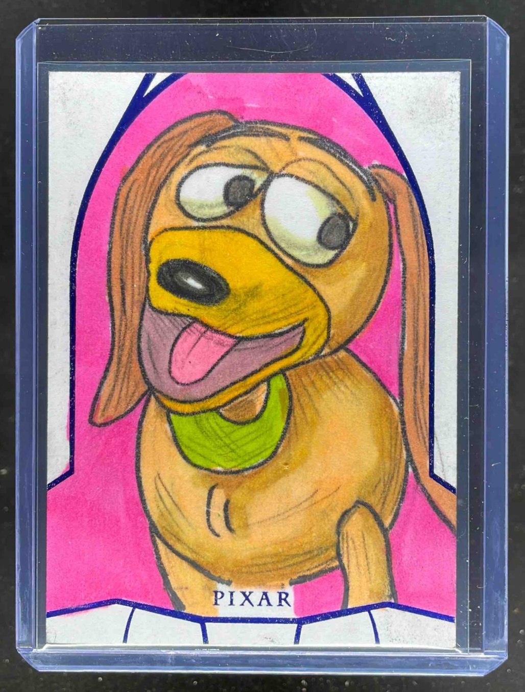 Card image for 2025 Topps 30 Years of Toy Story Sketch Cards Blue Foil 1/1 #NNO SSP Auto Slinky Dog