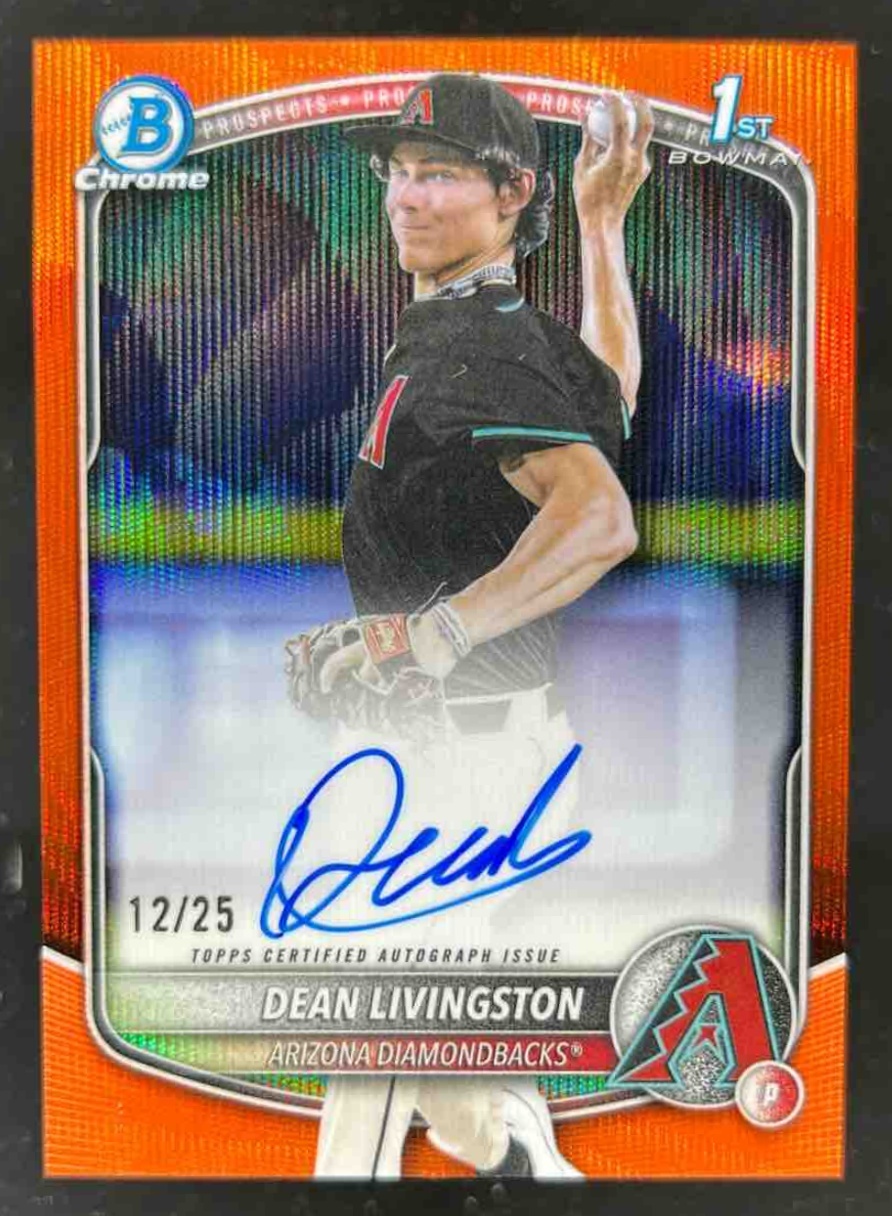 Card image for Dean Livingston 2025 Bowman Draft Chrome Prospect Auto Orange Shimmer Refractor /25