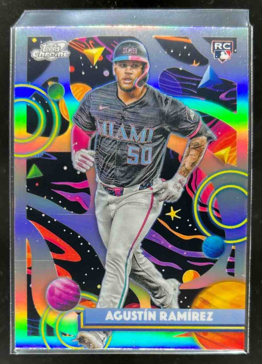 Card image for Agustin Ramirez 2025 Topps Baseball Cosmic Chrome Refractor RC Miami Marlins