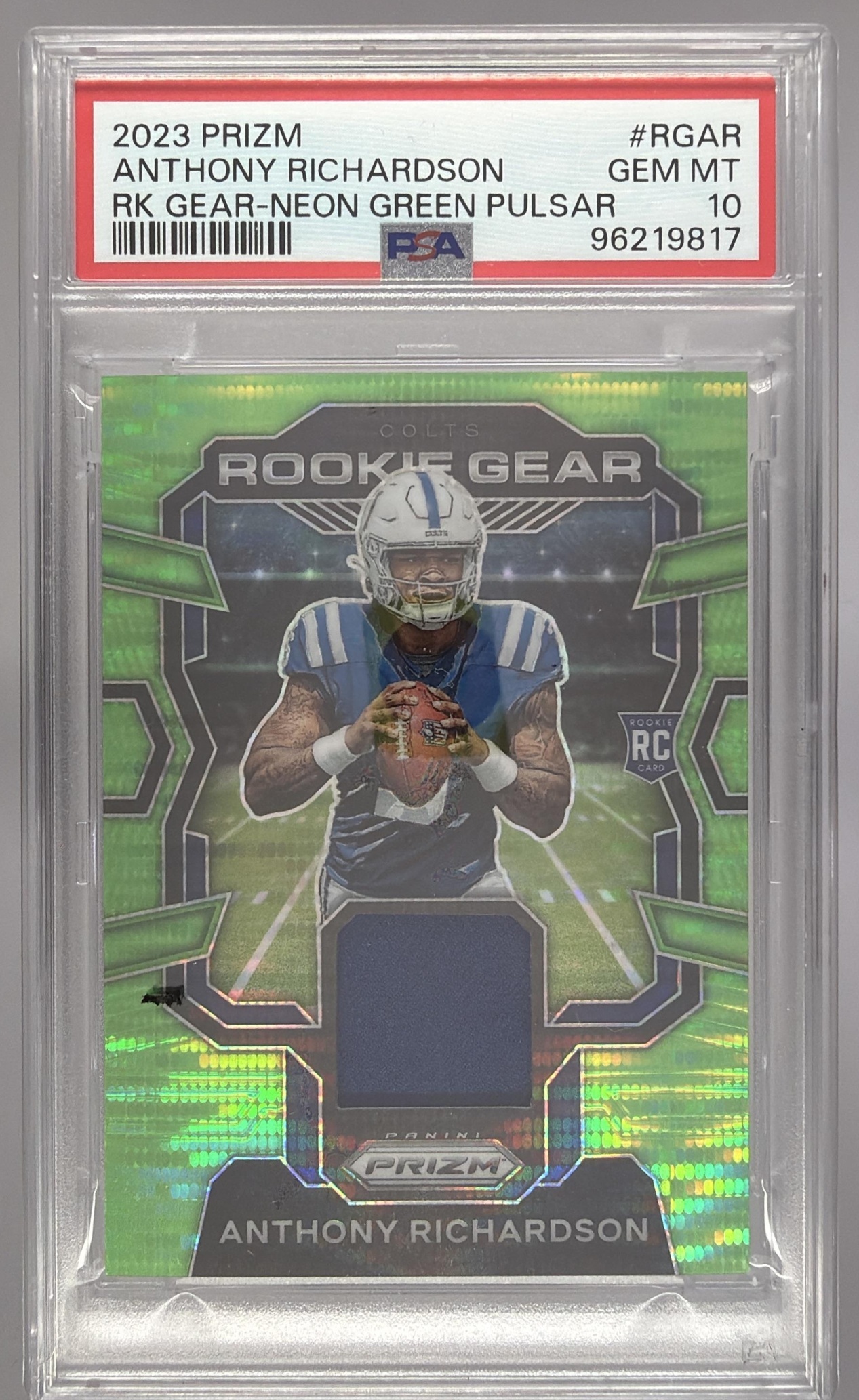 Card image for 2023 Panini Prizm Anthony Richardson Rookie Gear Neon Green Pulsar #RG-AR MEM RC Colts