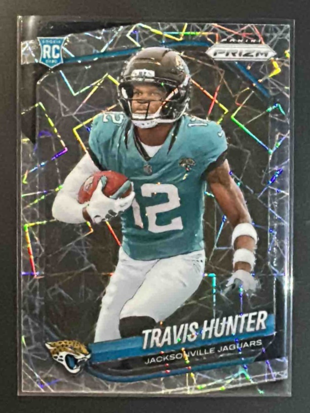 Card image for 2025 Panini Prizm Travis Hunter #301 Lazer RC Jaguars