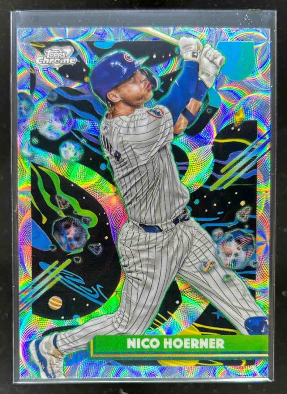 Card image for Nico Hoerner 2025 Topps Baseball Cosmic Chrome Nucleus Refractor Chicago Cubs