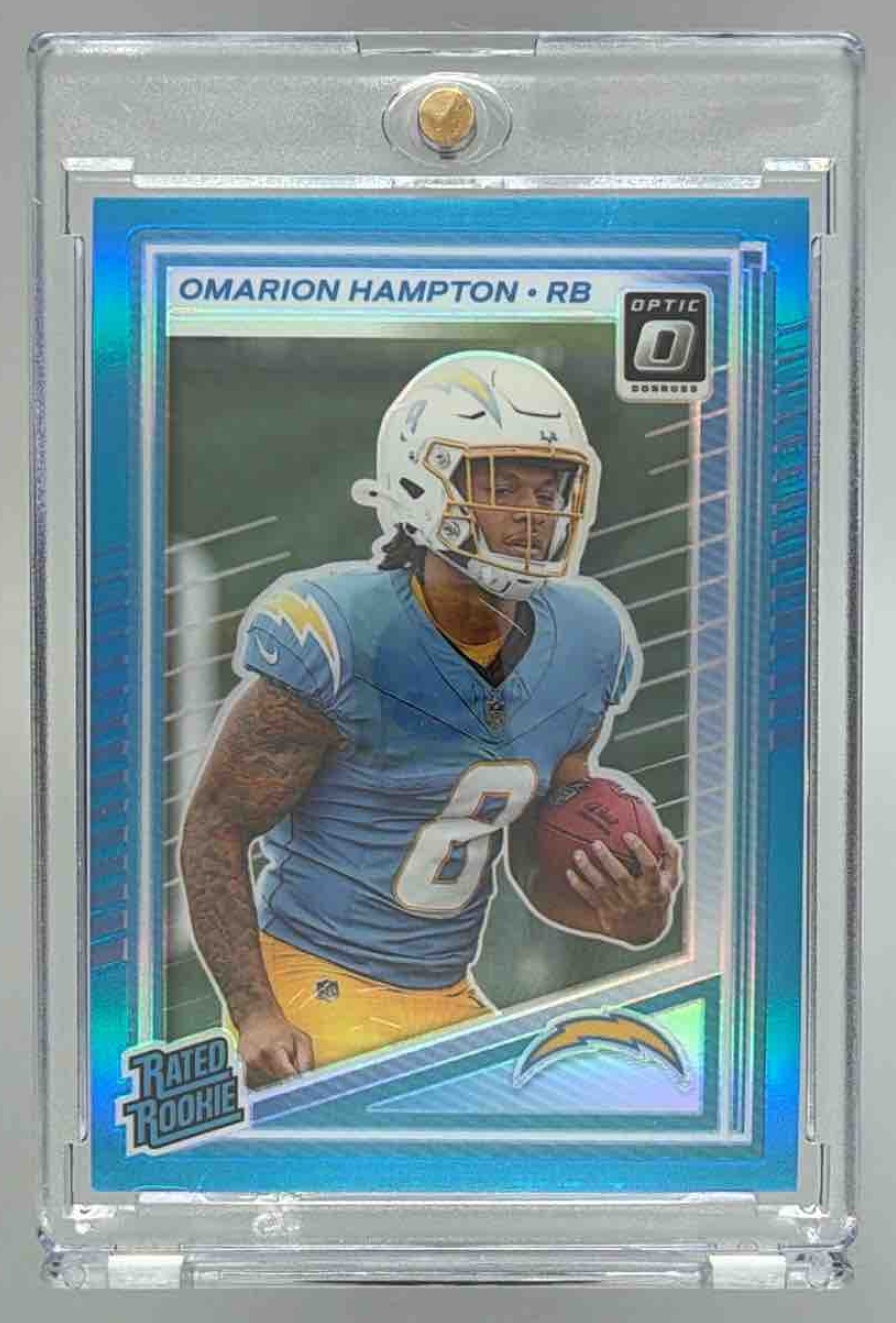 Card image for 2025 Panini Donruss Optic Omarion Hampton Rated Rookie Neon Blue Prizm /399 #212 Chargers