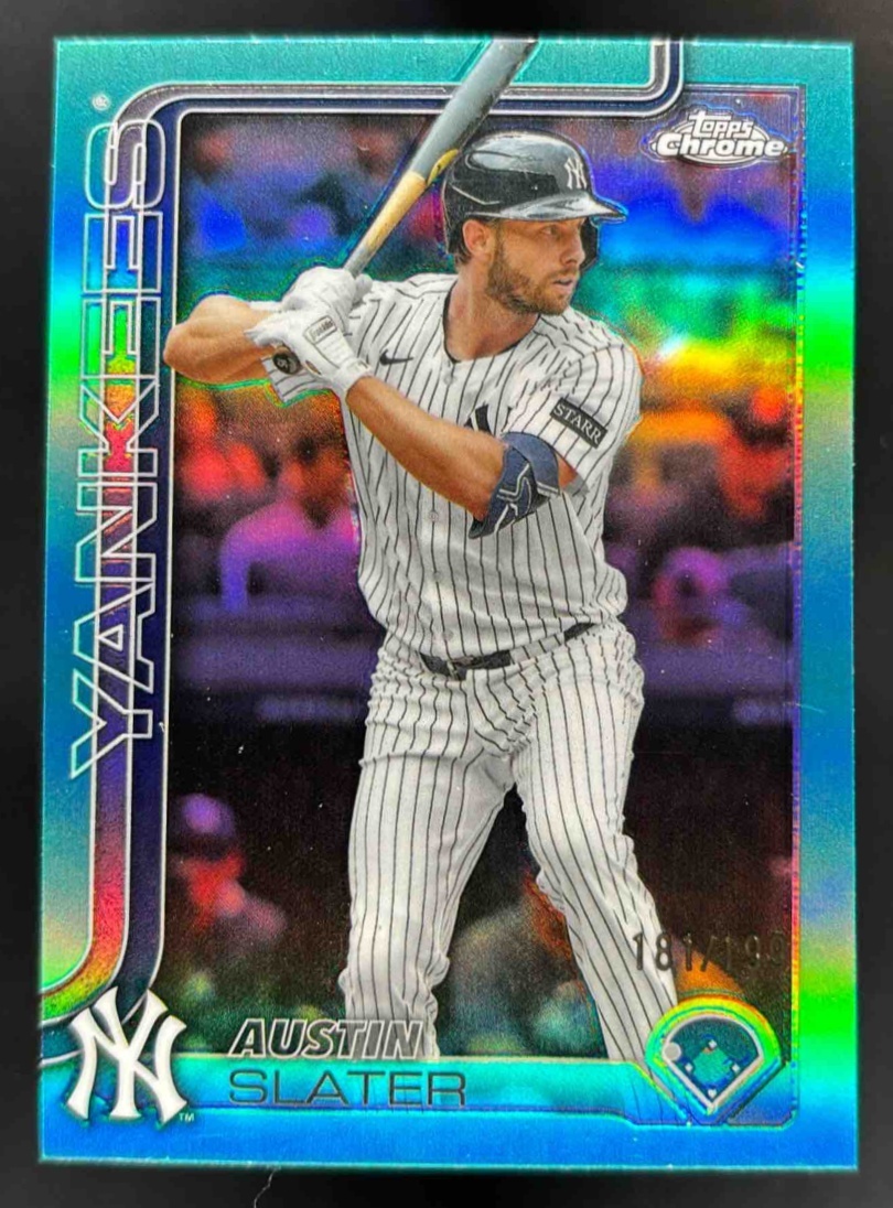 Card image for 2025 Topps Chrome Update Austin Slater Aqua Refractor /199 #USC137 Yankees