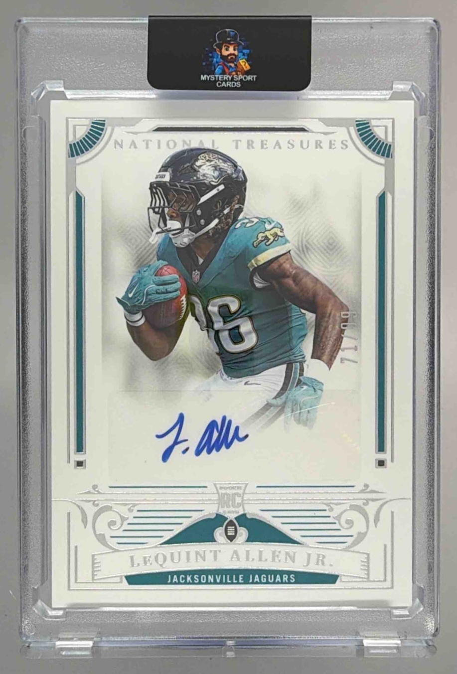 Card image for 2025 Panini National Treasures LeQuint Allen Jr. Rookie Signature /99 #140 RC Auto Jaguars