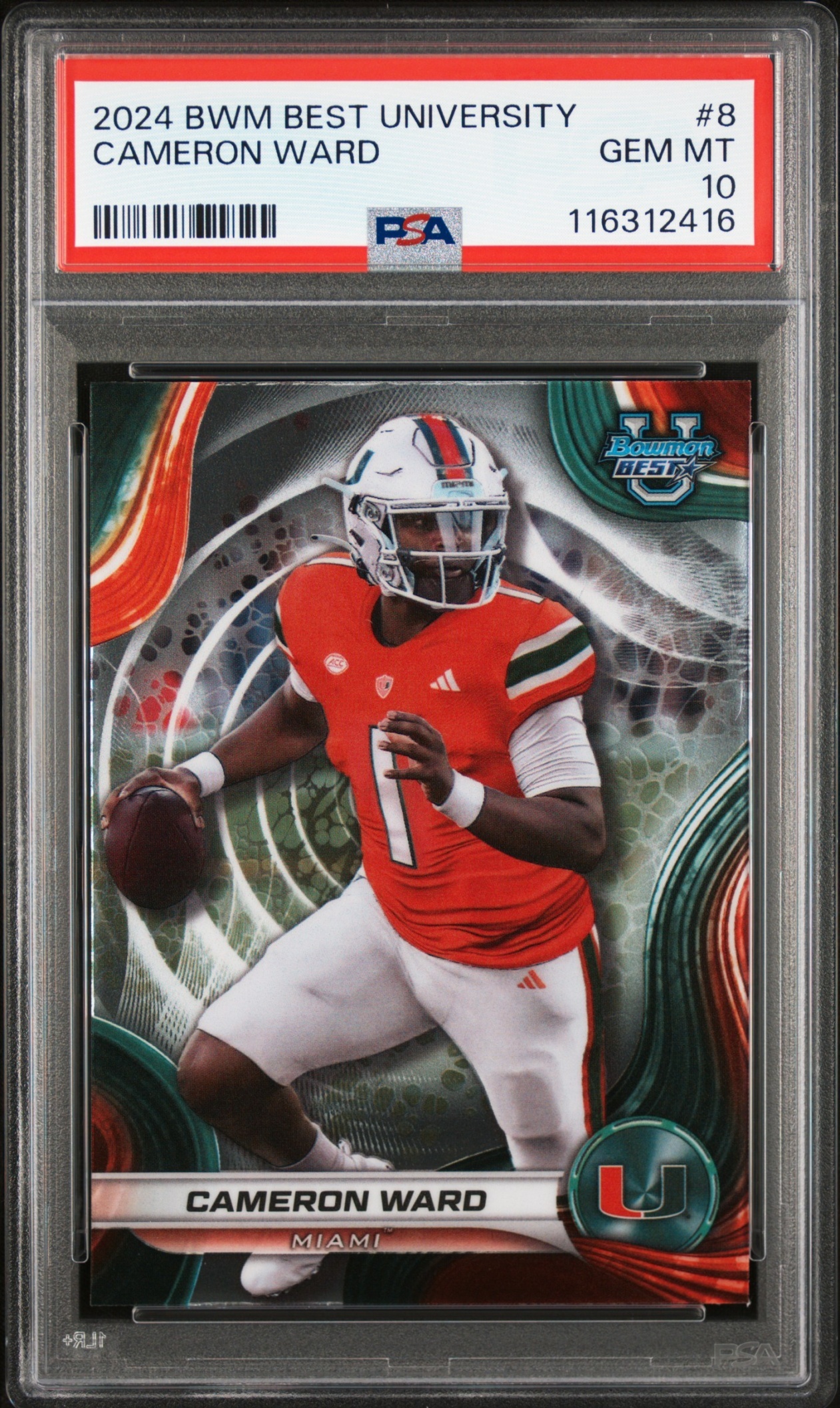 Card image for 2024 Bowman Football Best University Cameron Ward #8 Miami Hurricanes