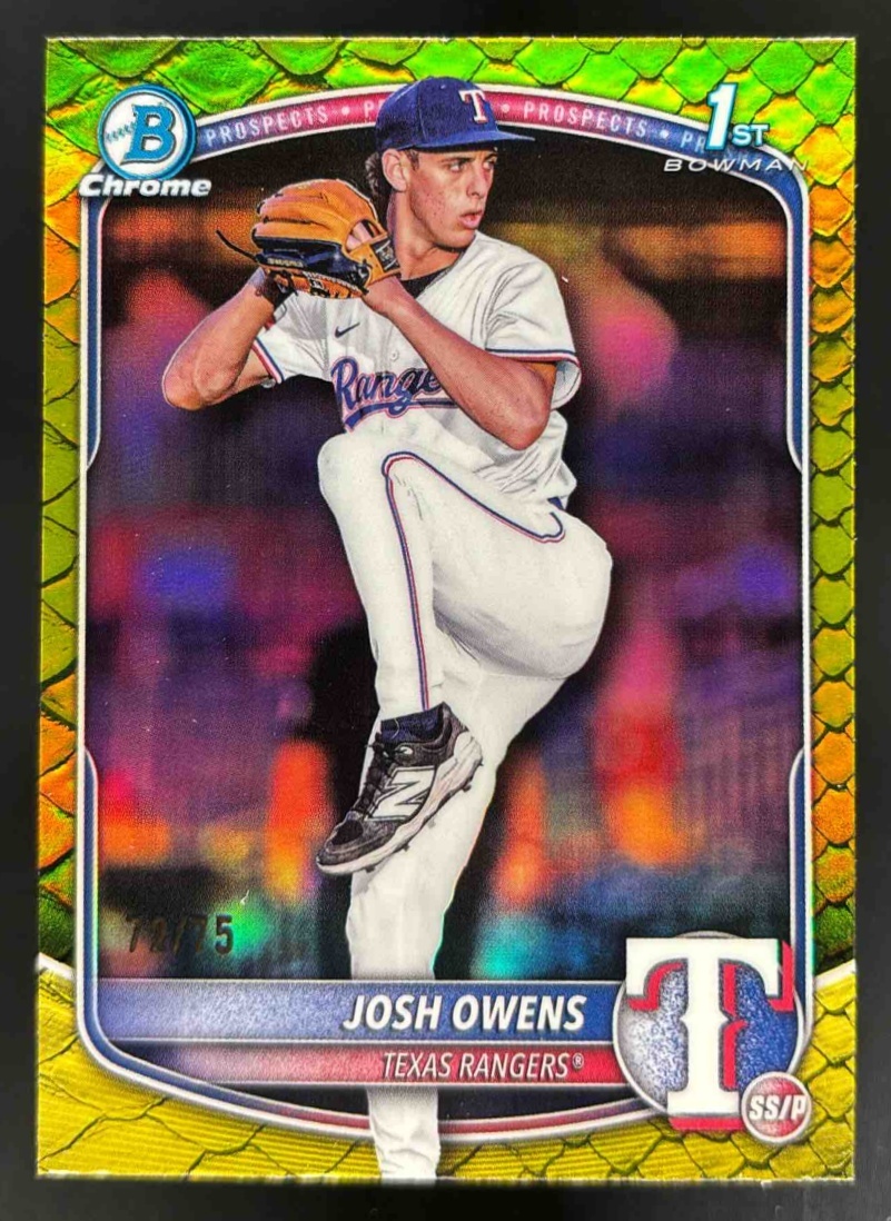 Card image for 2025 Bowman Draft Josh Owens Chrome Yellow Reptilian Refractor /75 1st Prospect