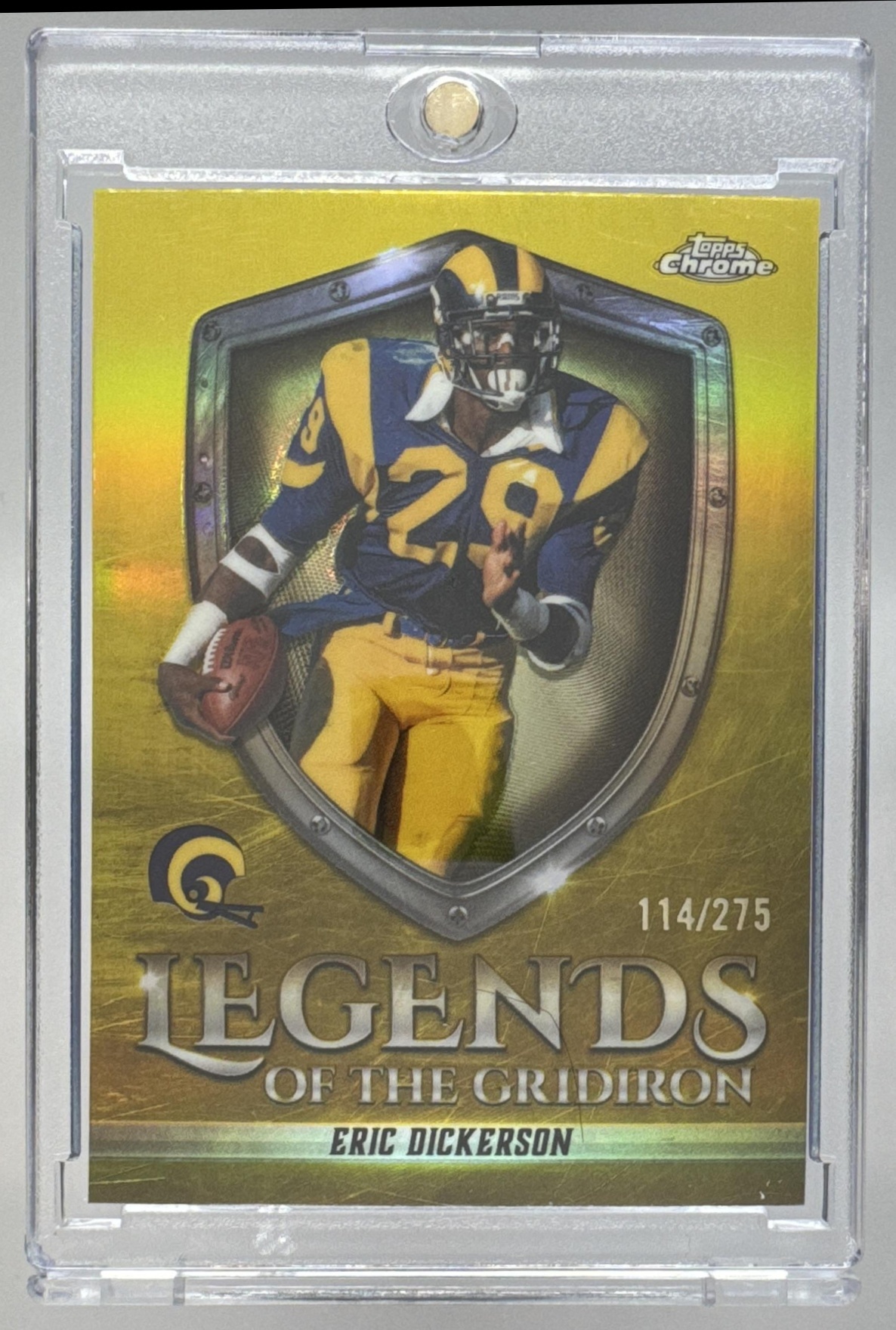 Card image for 2025 Topps Chrome Eric Dickerson Legends of the Gridiron Yellow Refractor /275 #LOG-13 Rams