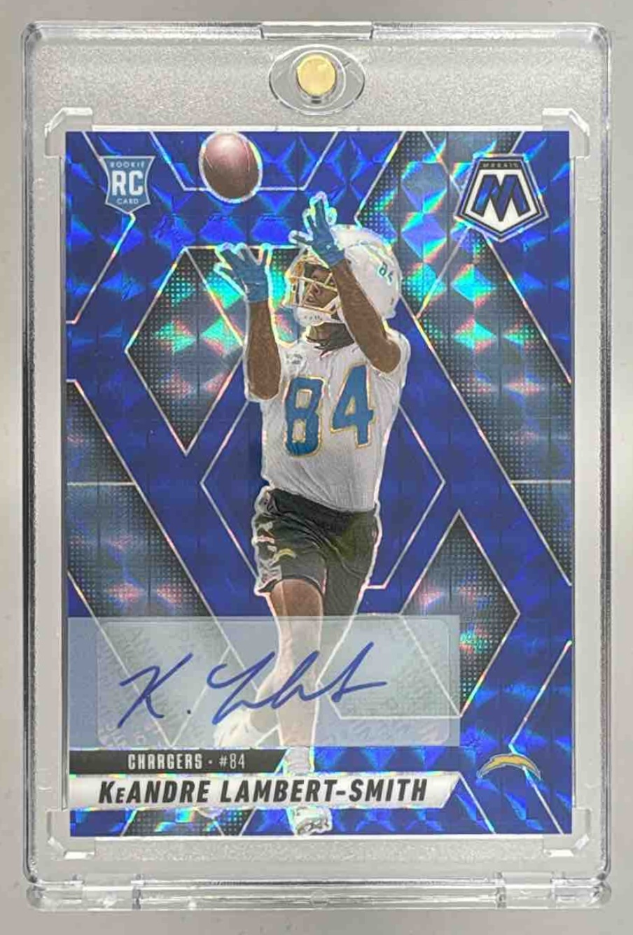 Card image for 2025 Panini Mosaic KeAndre Lambert-Smith Rookie Auto Blue Prizm /99 #336 RC Chargers