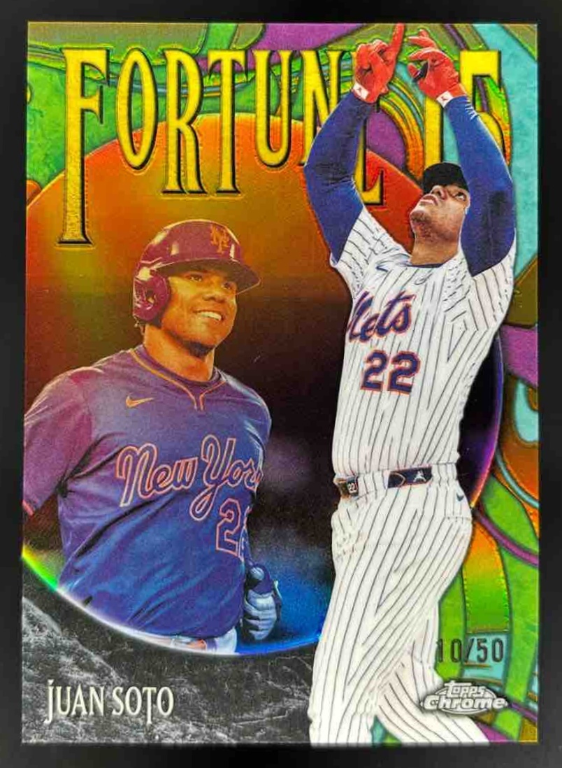 Card image for 2025 Topps Chrome Update Juan Soto Fortune 15 Gold Refractor /50 #F15-1 Mets