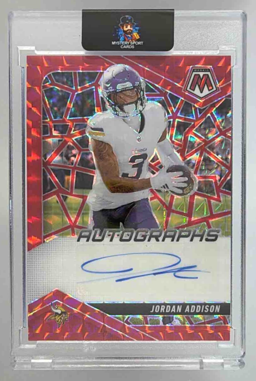 Card image for 2025 Panini Mosaic Jordan Addison Mosaic Auto Red Prizm /199 #AMC-JAN Vikings