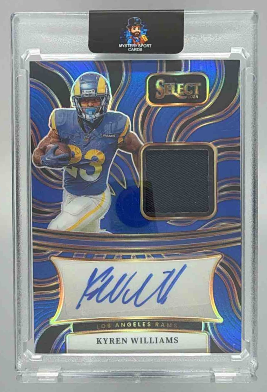 Card image for 2024 Panini Select Kyren Williams Signature Memorabilia Blue Prizm /149 #SM-KWS MEM Auto Rams