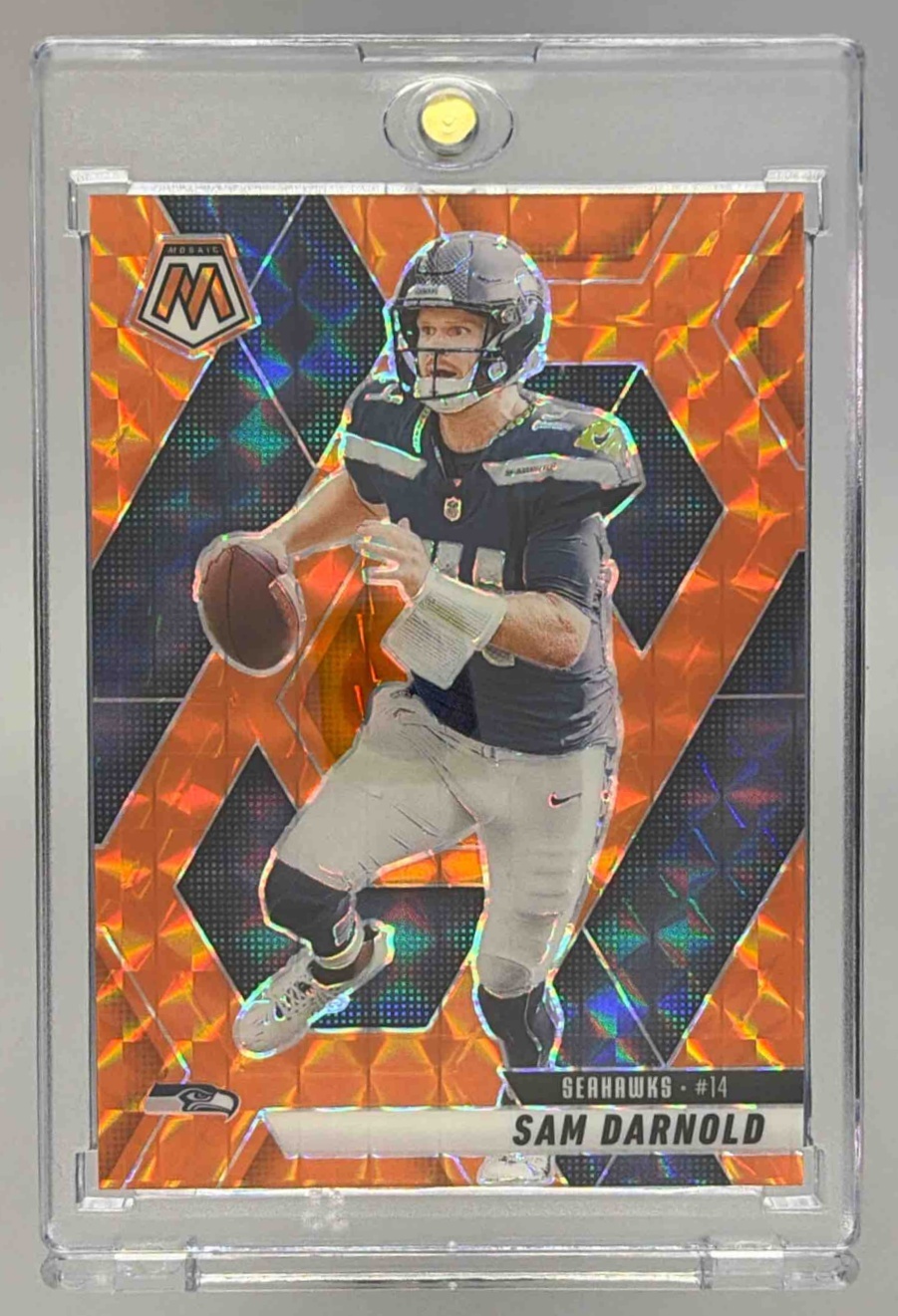 Card image for 2025 Panini Football Mosaic Sam Darnold Orange Prizm /199 #27 Seattle Seahawks