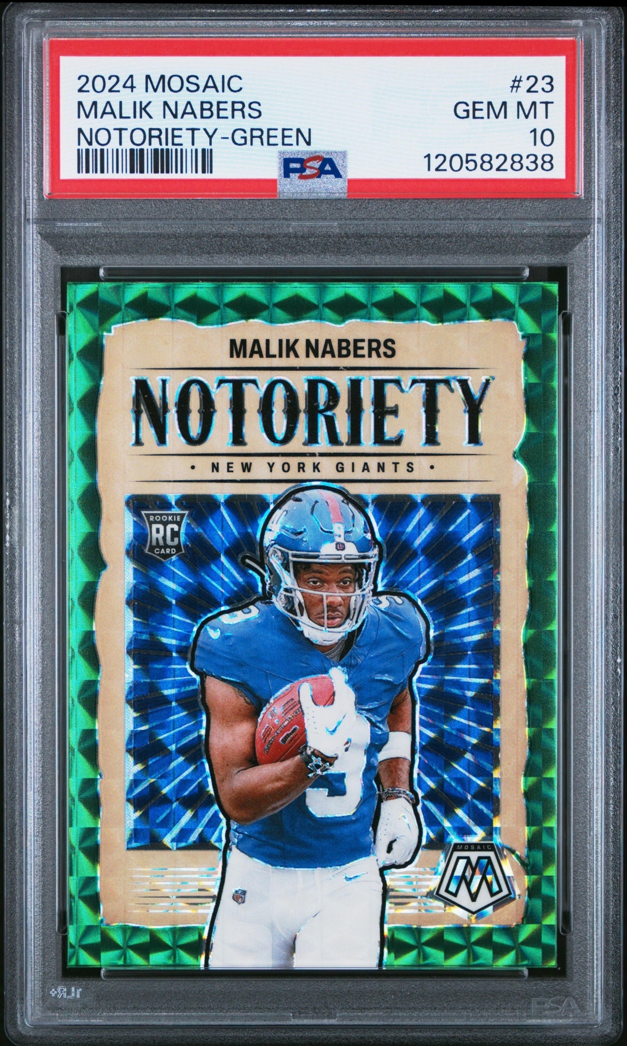 Card image for 2024 Panini Football Mosaic Malik Nabers Notoriety Green #23 RC New York Giants