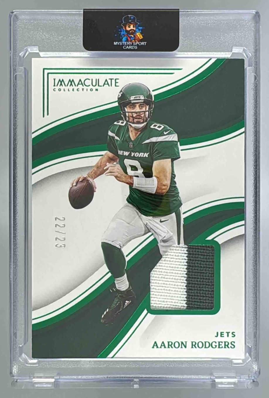 Card image for 2023 Panini Immaculate Collection Aaron Rodgers Emerald /23 #85 MEM Jets