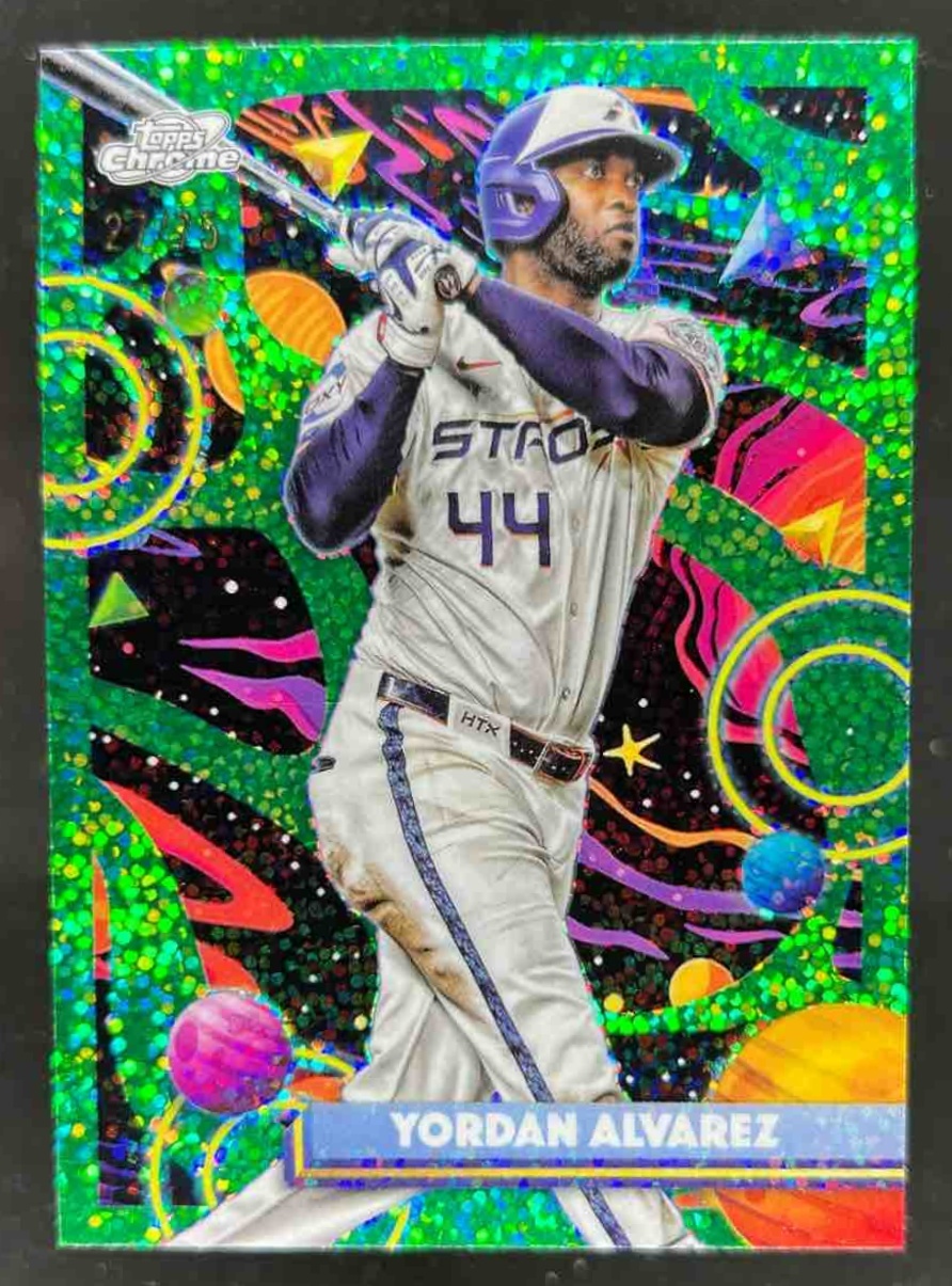 Card image for Yordan Alvarez 2025 Topps Cosmic Chrome Green Space Dust Refractor /75