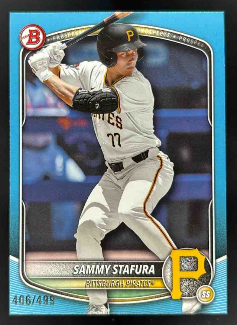 Card image for 2025 Bowman Draft Sammy Stafura Sky Blue Border /499 #BD-187 Pirates