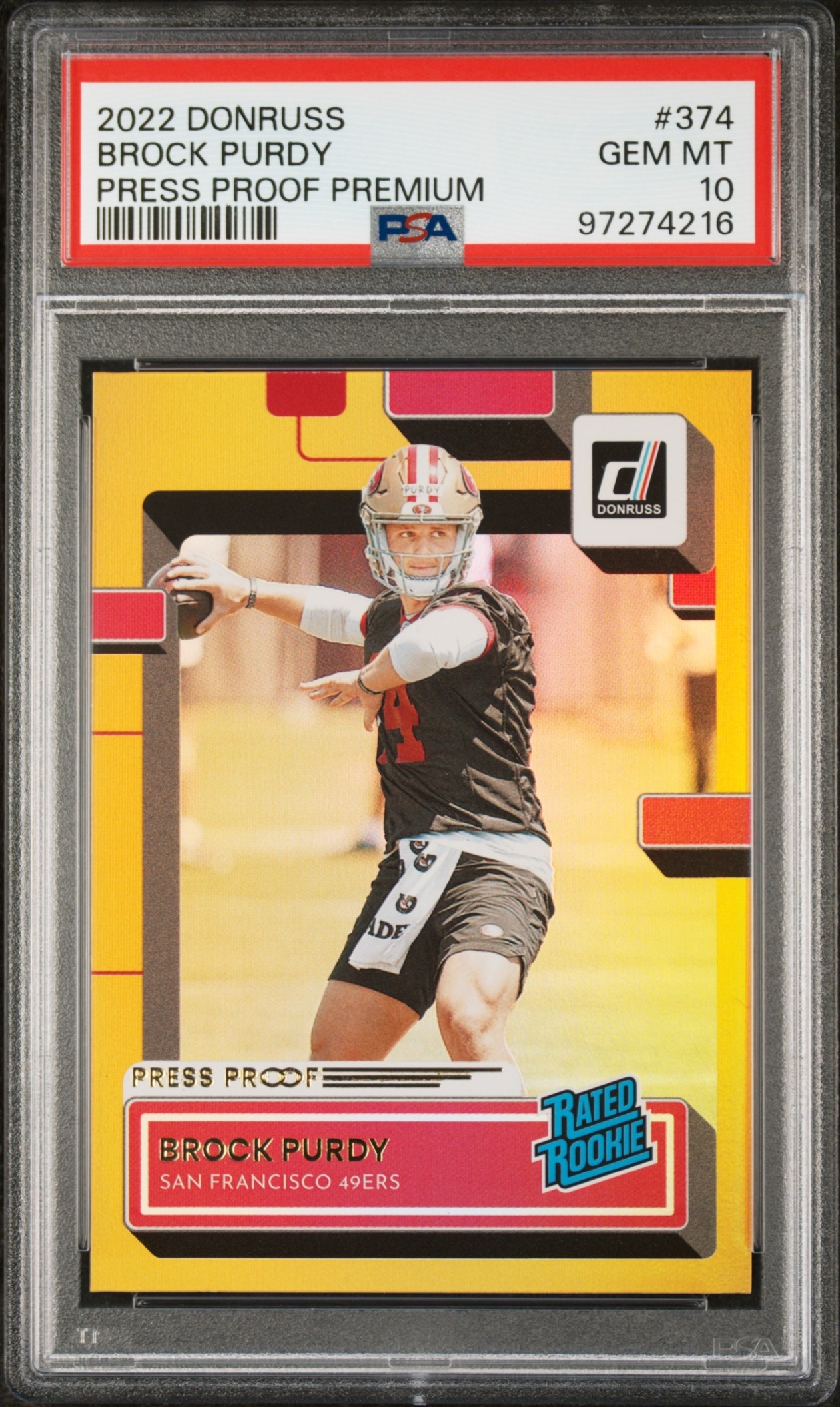 Card image for 2022 Panini Donruss Brock Purdy Hyper Press Proof #374 RC Rated Rookie 49ers PSA 10