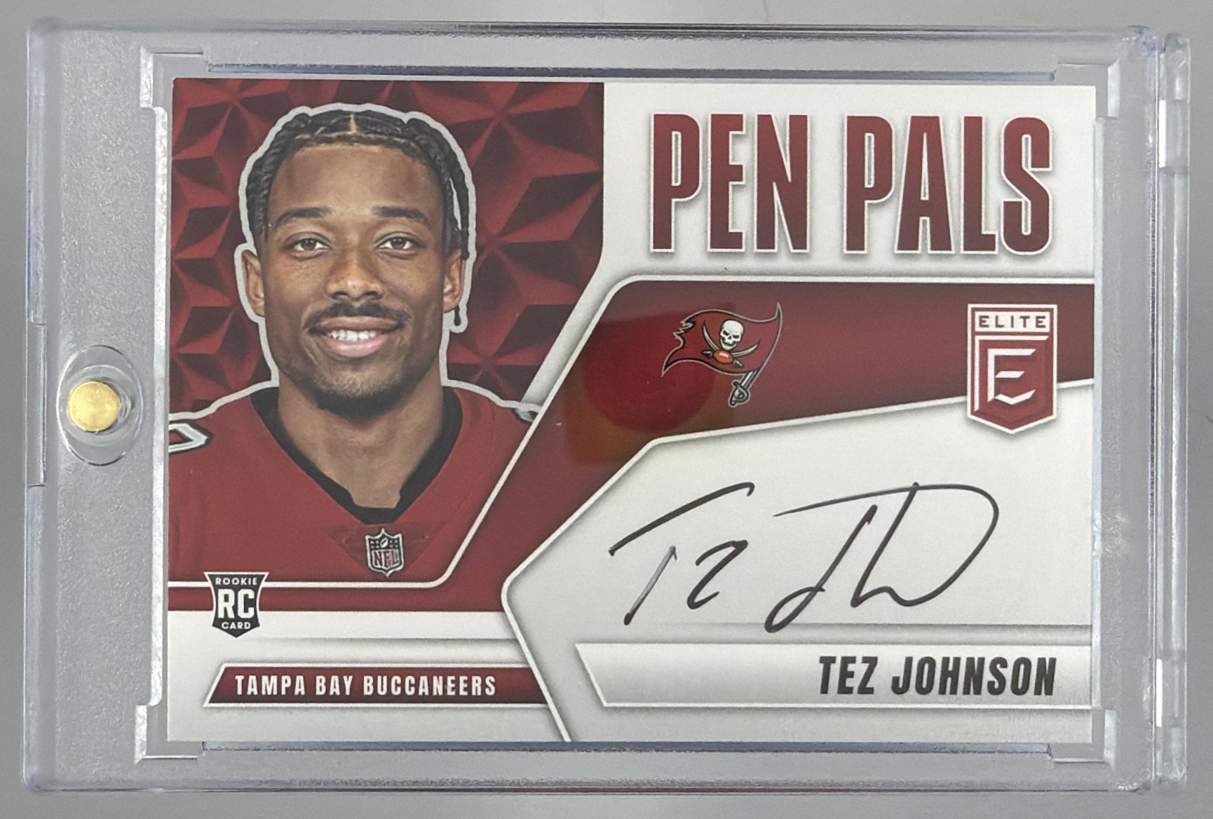Card image for 2025 Panini Donruss Elite Tez Johnson Pen Pals Horizontal #PP-TEZ Auto Buccaneers