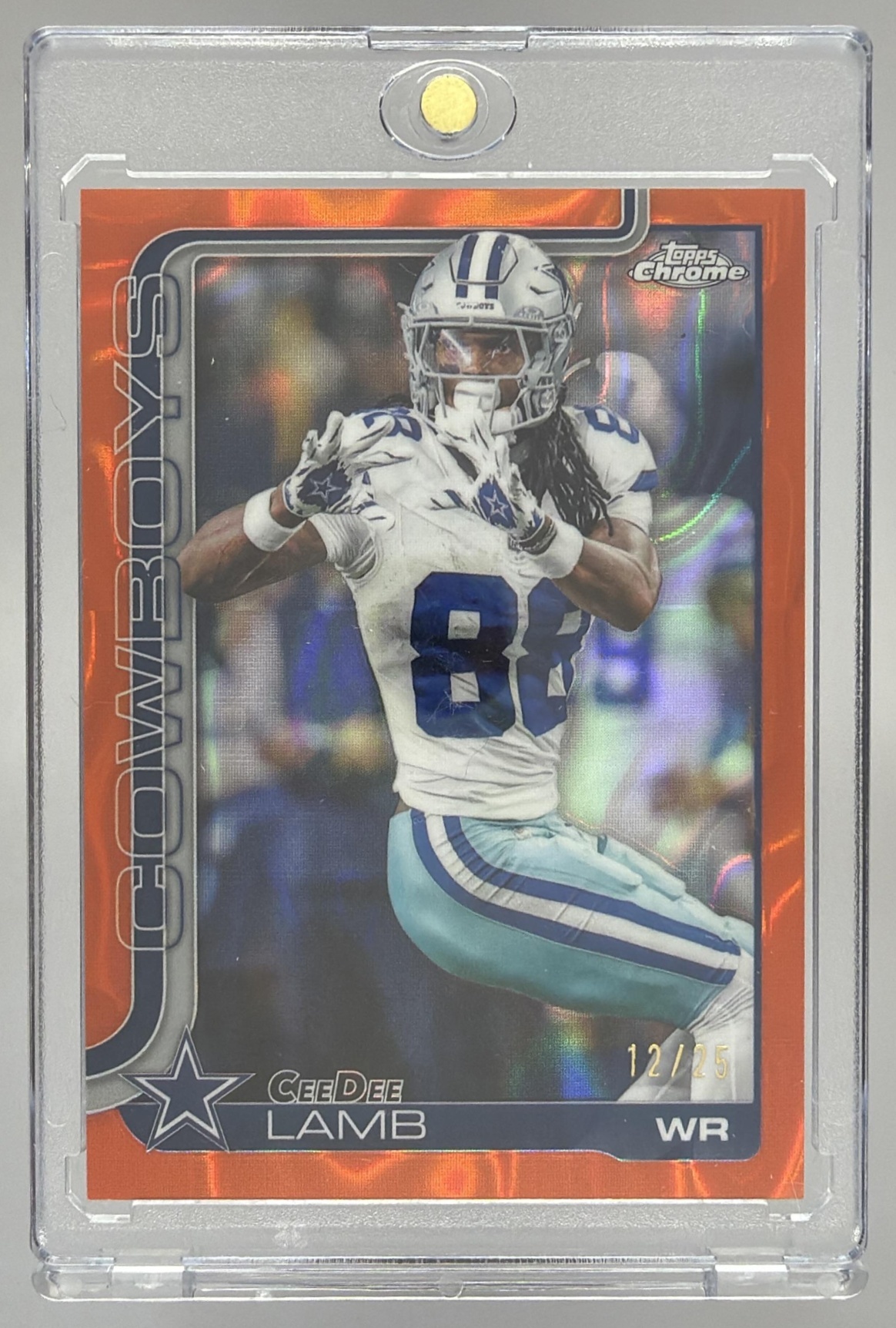 Card image for 2025 Topps Chrome CeeDee Lamb Football Leather Orange Refractor /25 #76 Cowboys