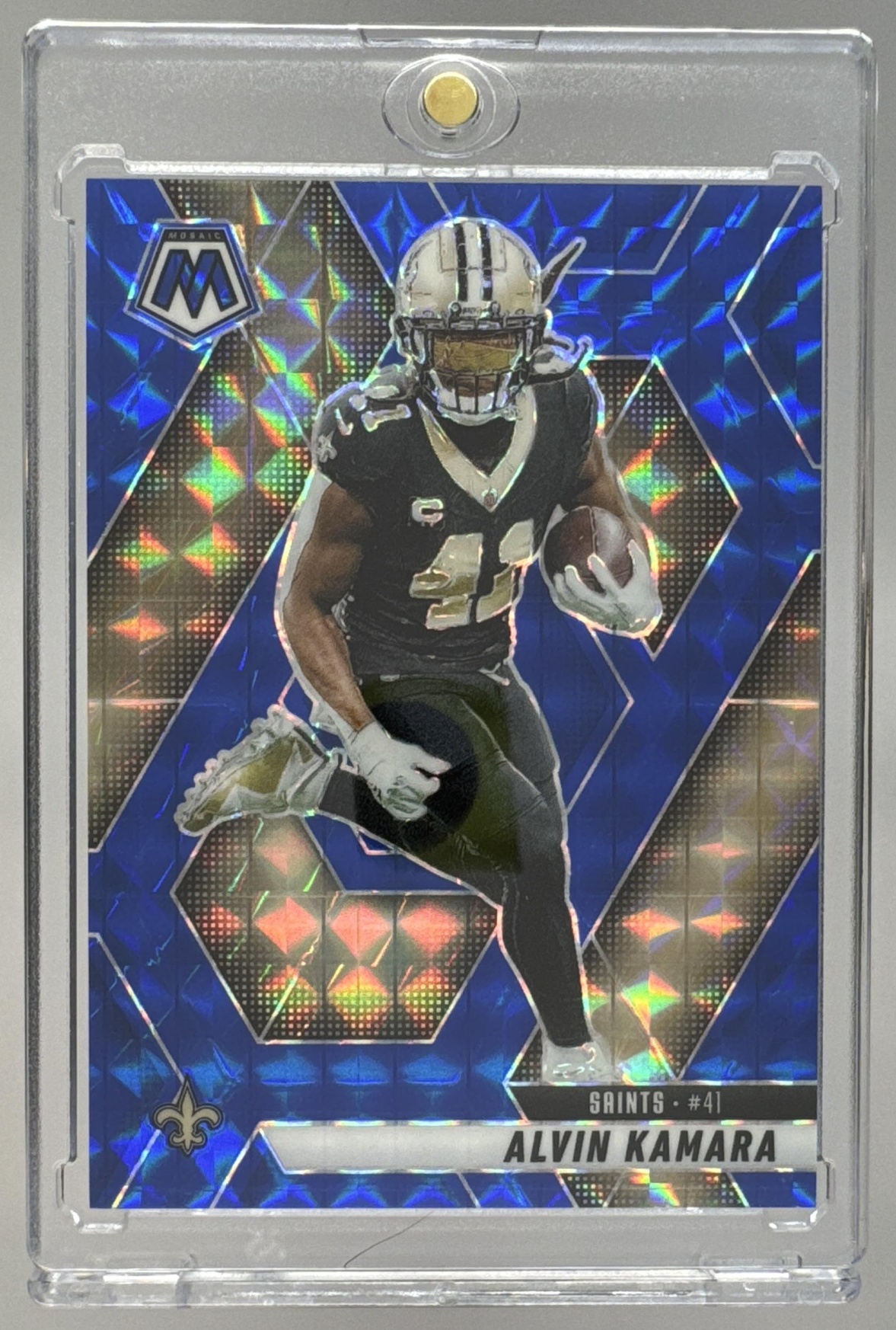 Card image for 2025 Panini Football Mosaic Alvin Kamara Blue Prizm /99 #188 New Orleans Saints