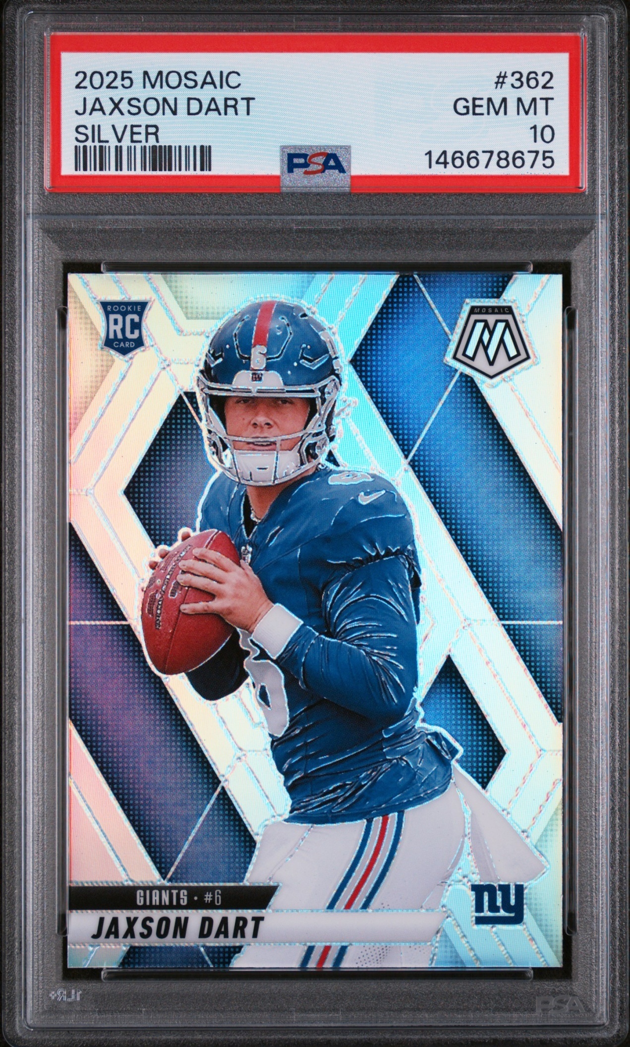 Card image for 2025 Panini Mosaic Jaxson Dart Rookies Silver Prizm #362 RC Giants