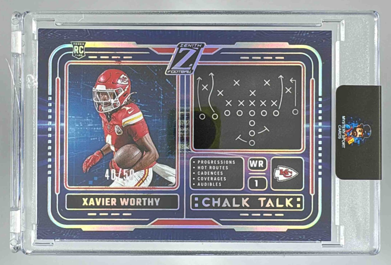 Card image for 2024 Panini Zenith Xavier Worthy Chalk Talk Red /50 #7 RC Chiefs