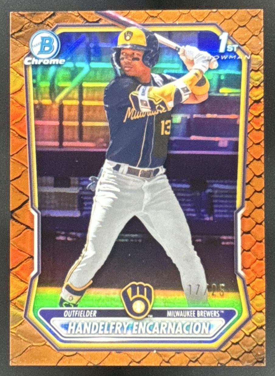 Card image for 2026 Bowman Handelfry Encarnacion Chrome Reptilian Orange Refractor /25 1st