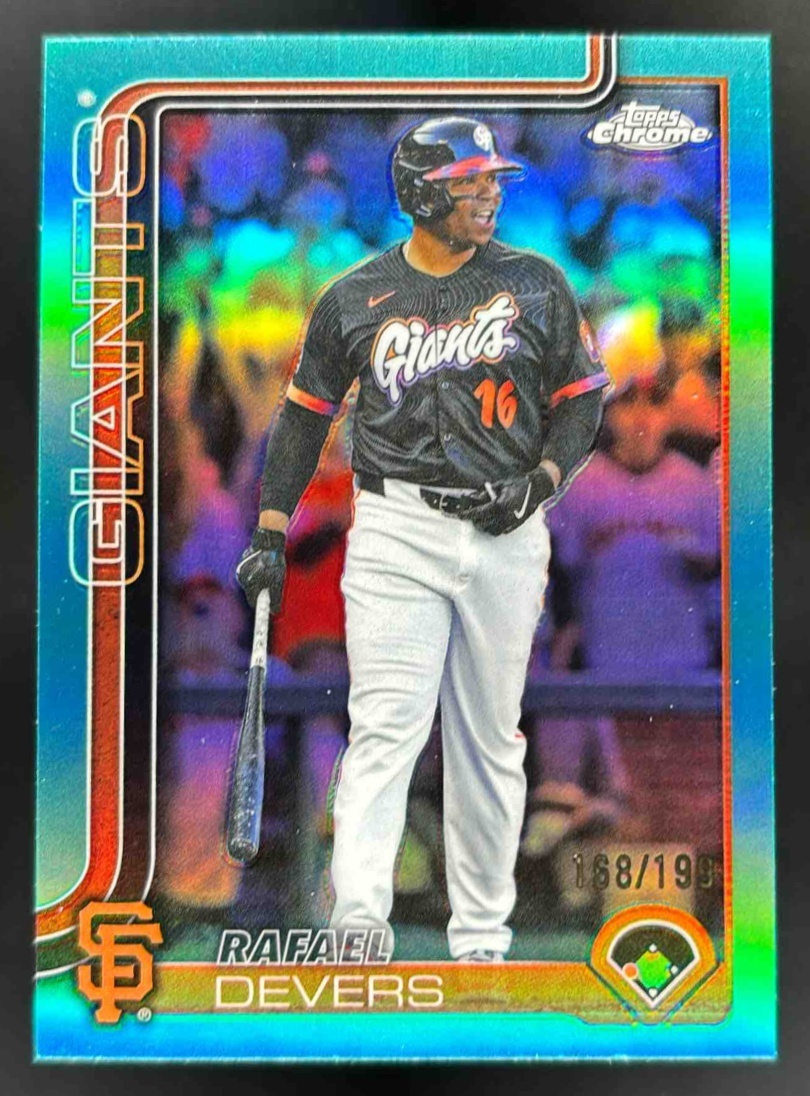 Card image for 2025 Topps Chrome Update Rafael Devers Aqua Refractor /199 #USC105 Giants