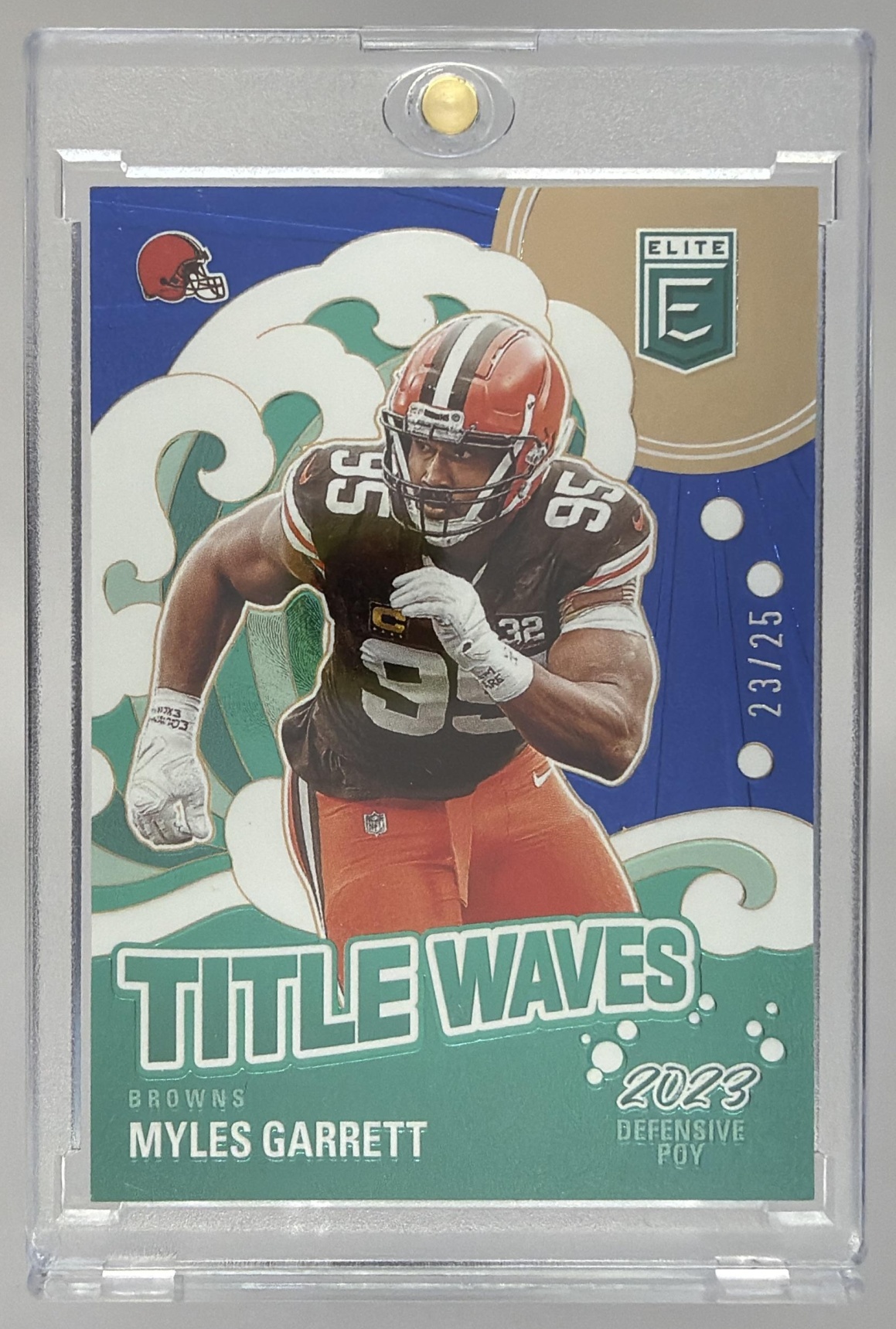 Card image for 2024 Panini Donruss Elite Myles Garrett Title Waves Blue /25 #4 Browns