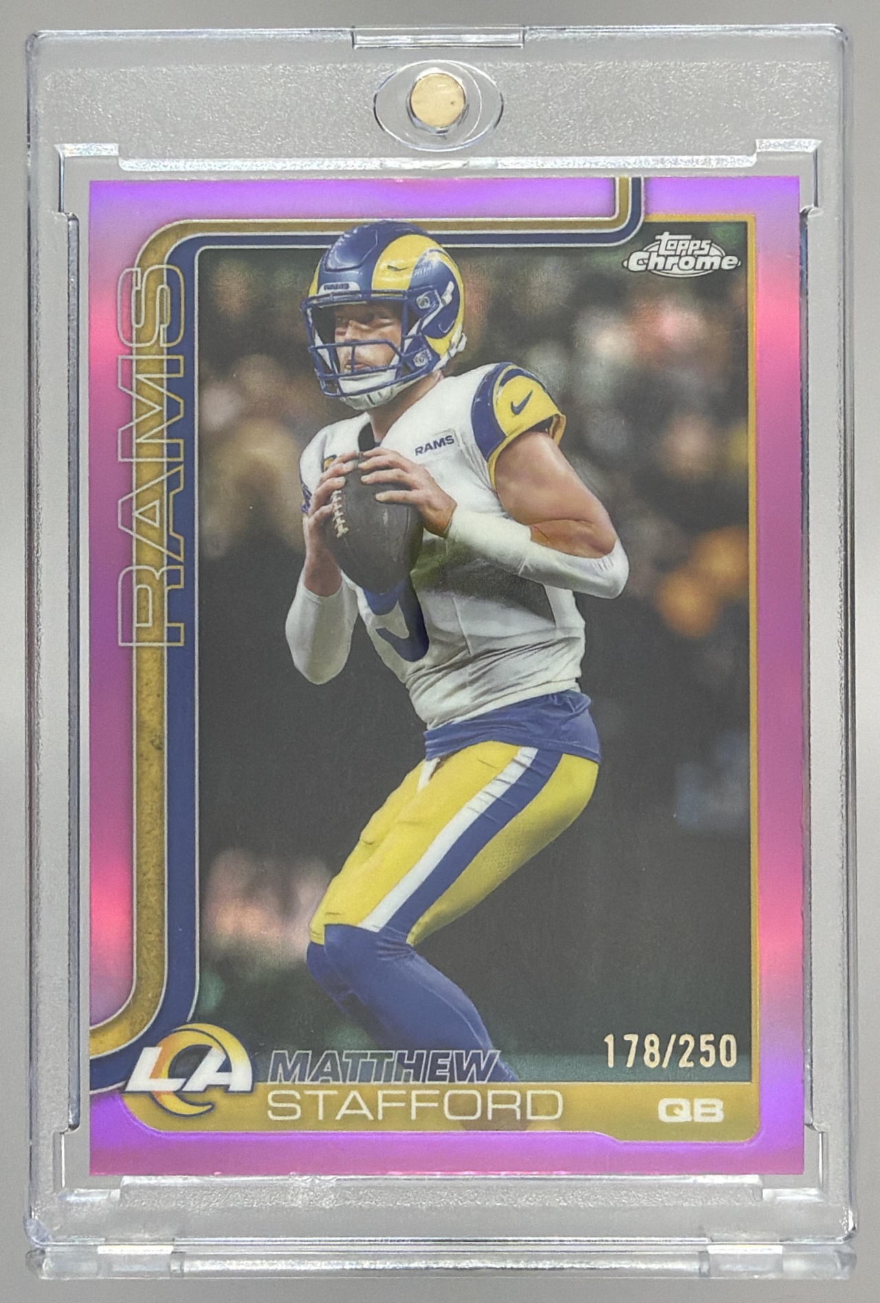 Card image for 2025 Topps Chrome Matthew Stafford Pink Refractor /250 #169 Rams