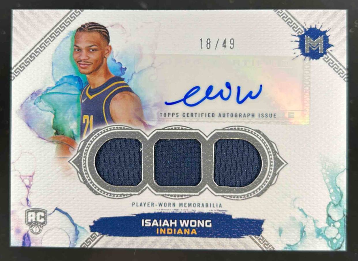 Card image for 2023-24 TOPPS MOTIF ISAIAH WONG ROOKIE TRIPLE RELIC AUTO /49 #104 MEM RC ROOKIE