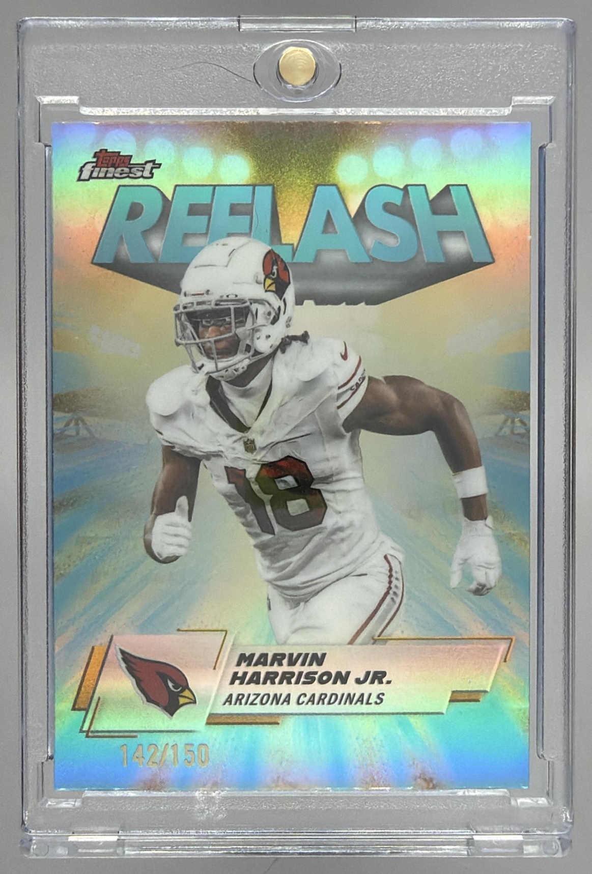 Card image for 2025 Topps Finest Marvin Harrison Jr. Reflash Sky Blue Refractor /150 #RF-10 Cardinals