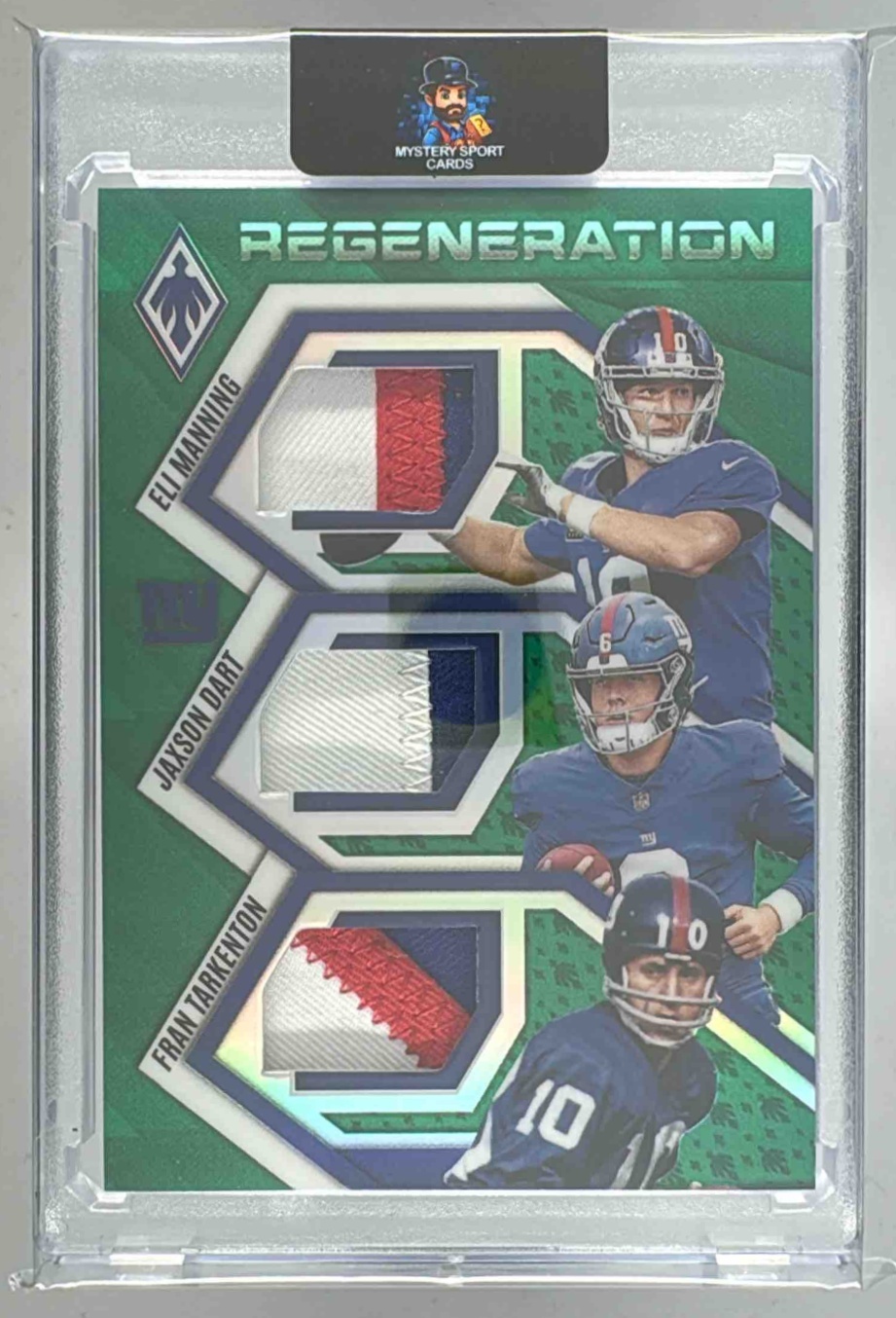Card image for 2025 Panini Phoenix Eli Manning Fran Tarkenton Jaxson Dart Regeneration Green Prizm /99 #RGN-NYG MEM RC Giants