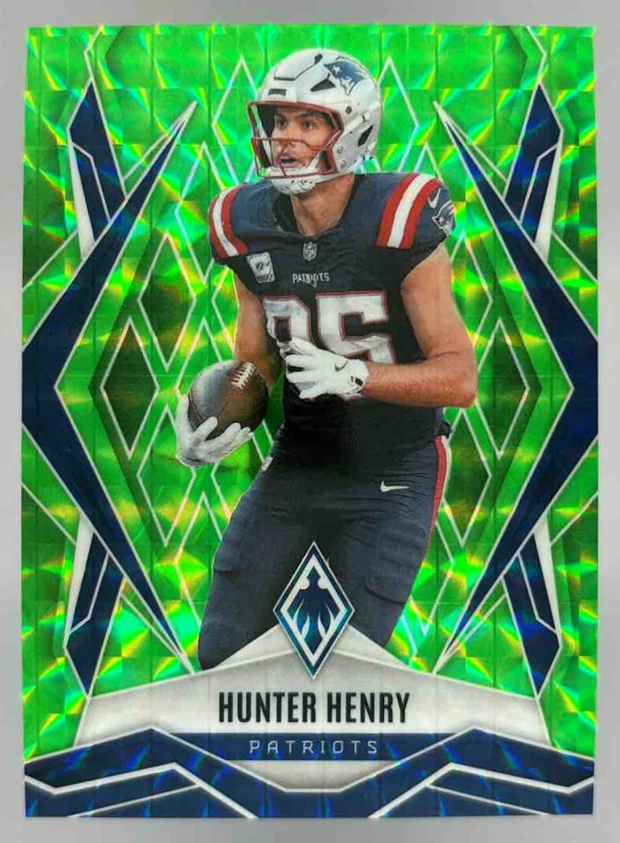 Card image for 2025 Panini Phoenix Hunter Henry Lime Green Pyramids /285 #97 Patriots