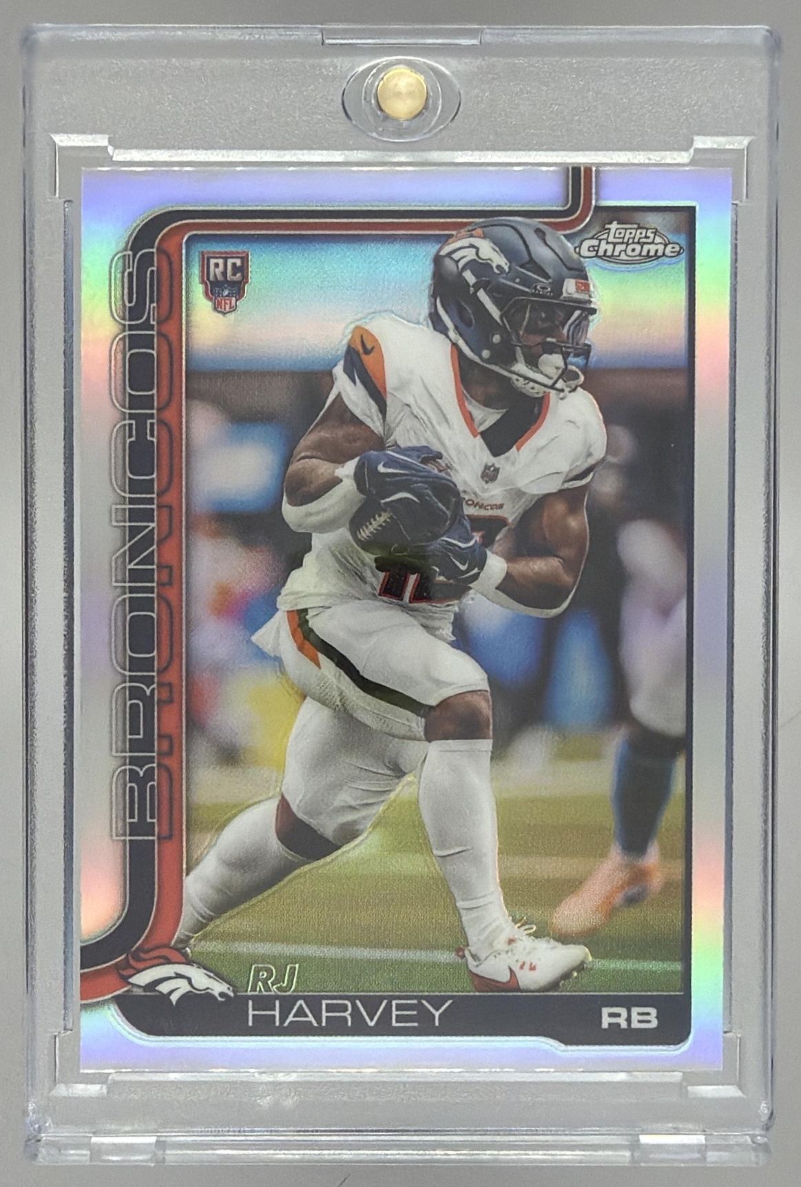 Card image for 2025 Topps Football Chrome RJ Harvey Rookie Refractor #330 RC Denver Broncos