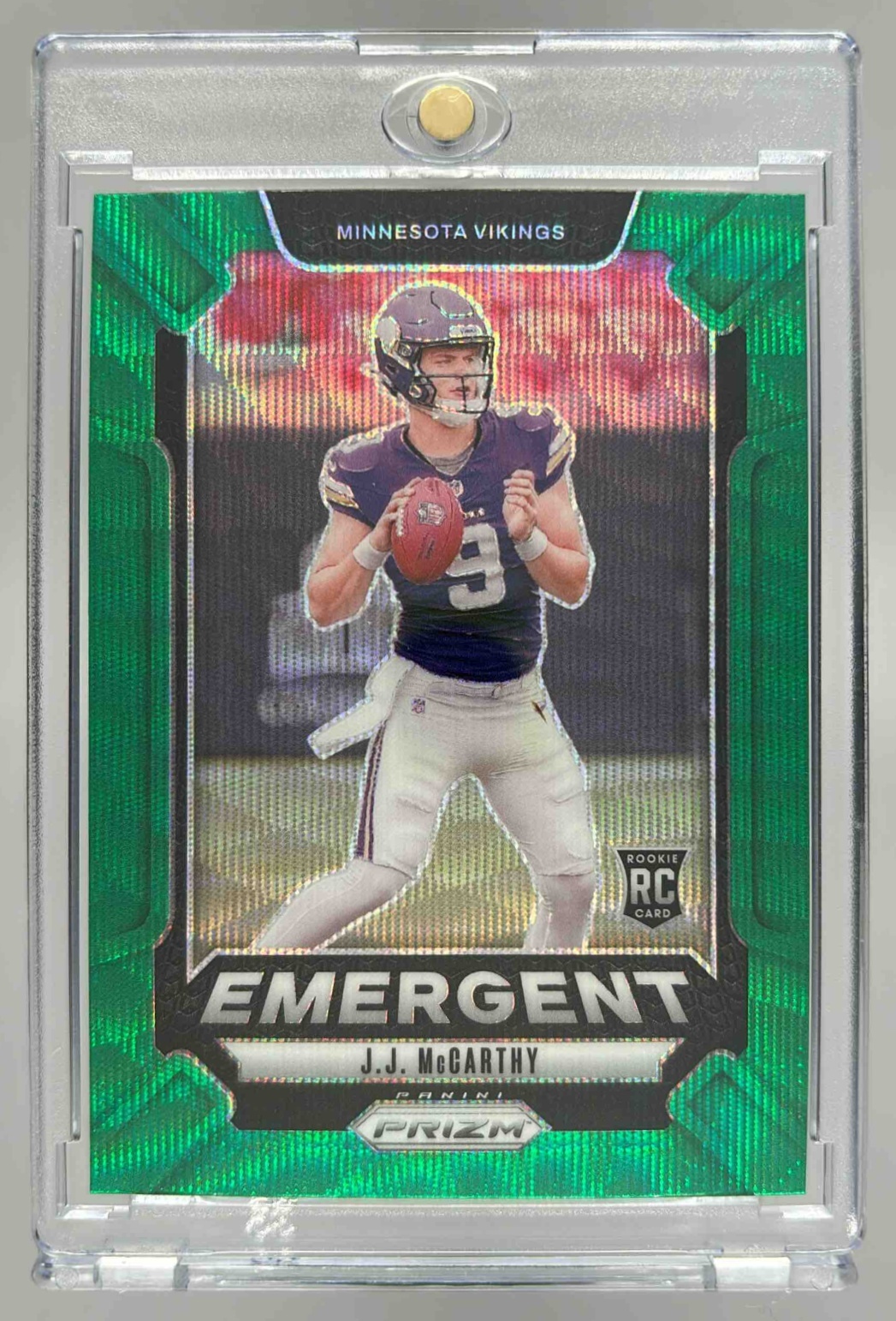 Card image for 2024 Panini Prizm J.J. McCarthy Emergent Green Wave #19 RC Vikings