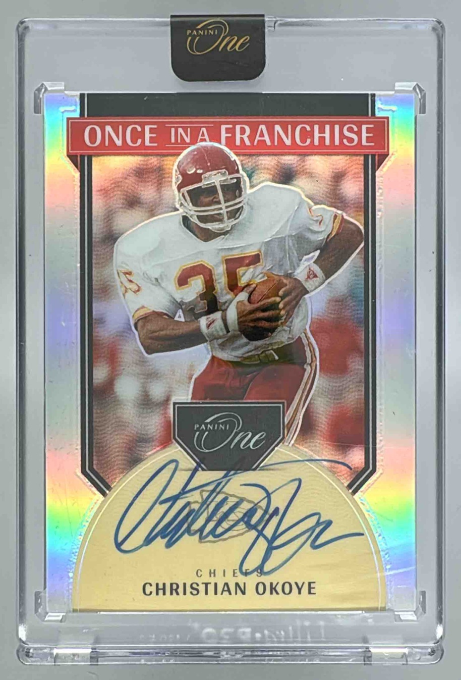 Card image for 2024 Panini One Christian Okoye Once in a Franchise Auto /99 #354 Chiefs