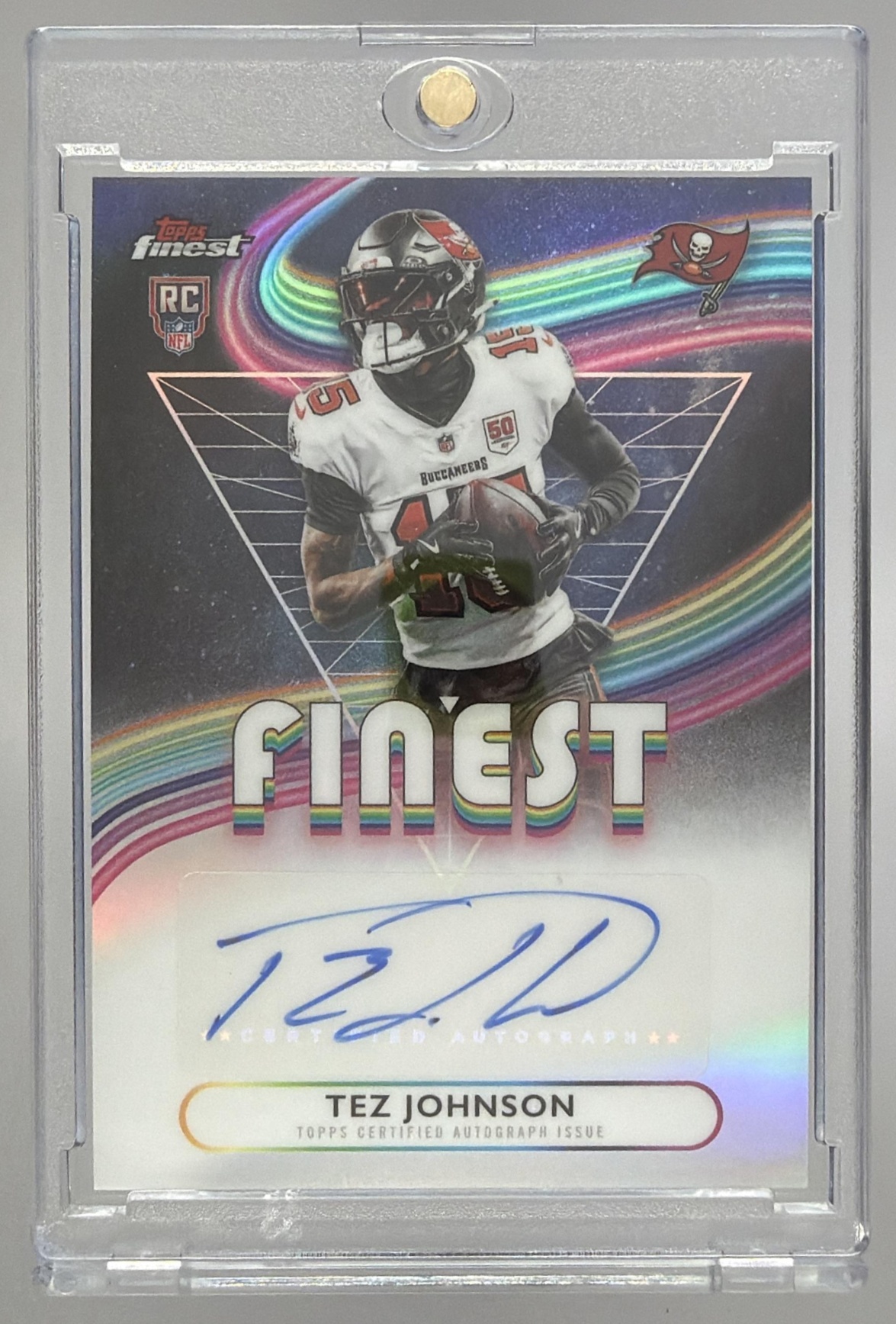 Card image for 2025 Topps Finest Tez Johnson Rookie Auto Refractor #RFA-TZJ RC Buccaneers