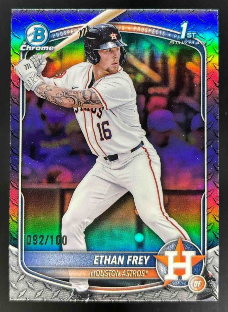 Card image for 2025 Bowman Draft Ethan Frey Chrome Steel Metal Refractor /100 #BDC-67 Astros