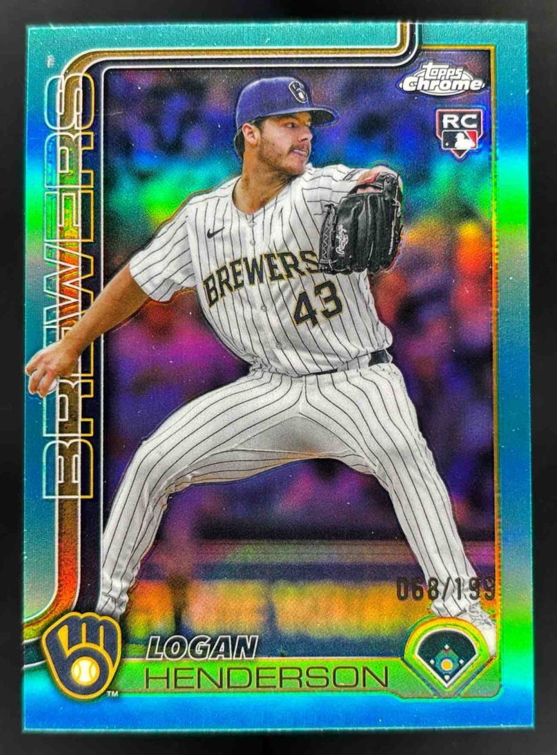 Card image for 2025 Topps Chrome Update Logan Henderson Aqua Refractor /199 #USC65 RC Brewers