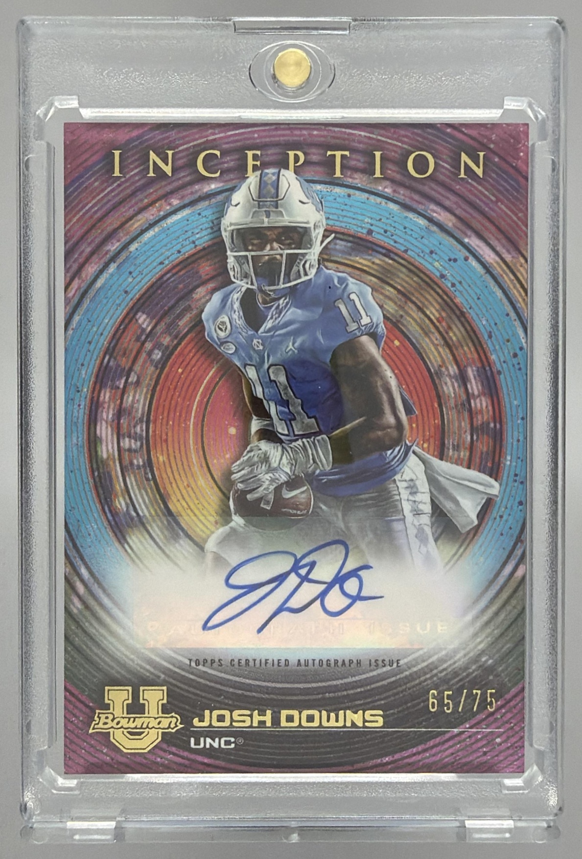 Card image for 2022 Bowman University Inception Josh Downs Auto Fuschia Foil /75 #BIA-JDS