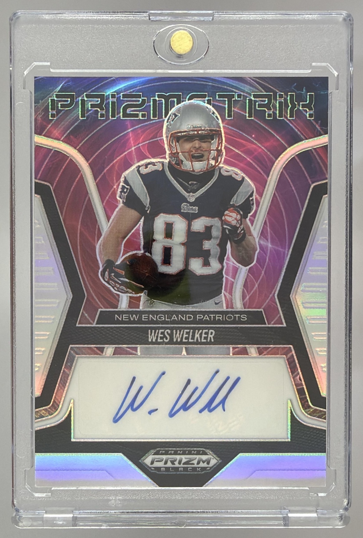 Card image for 2025 Panini Prizm Black Wes Welker Prizmatrix Signatures #PS-WWR Auto Patriots