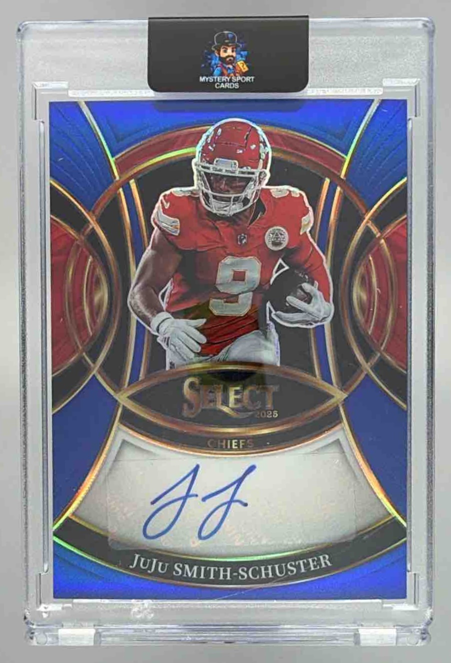 Card image for 2025 Panini Select JuJu Smith-Schuster Signatures Blue Prizm /149 #SP-JSR Auto Chiefs