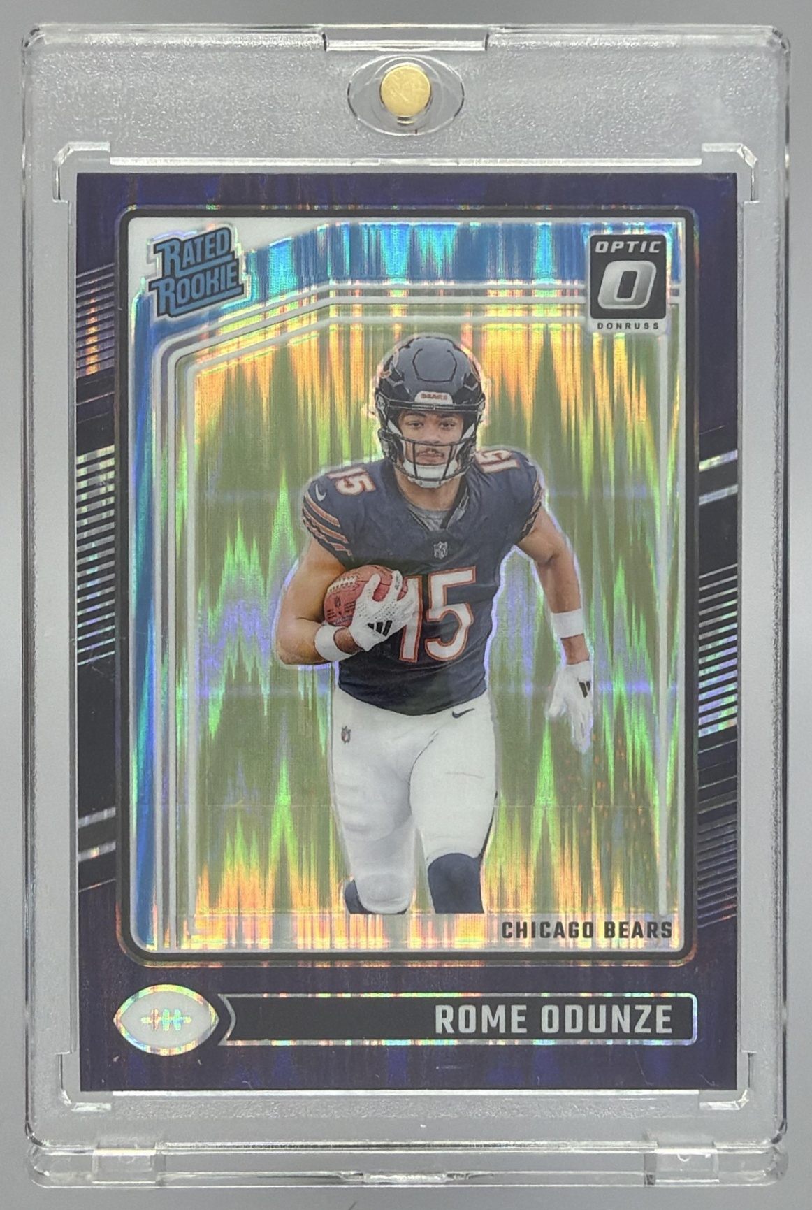 Card image for 2024 Panini Donruss Optic Rome Odunze Purple Shock #286 Rated Rookie Bears