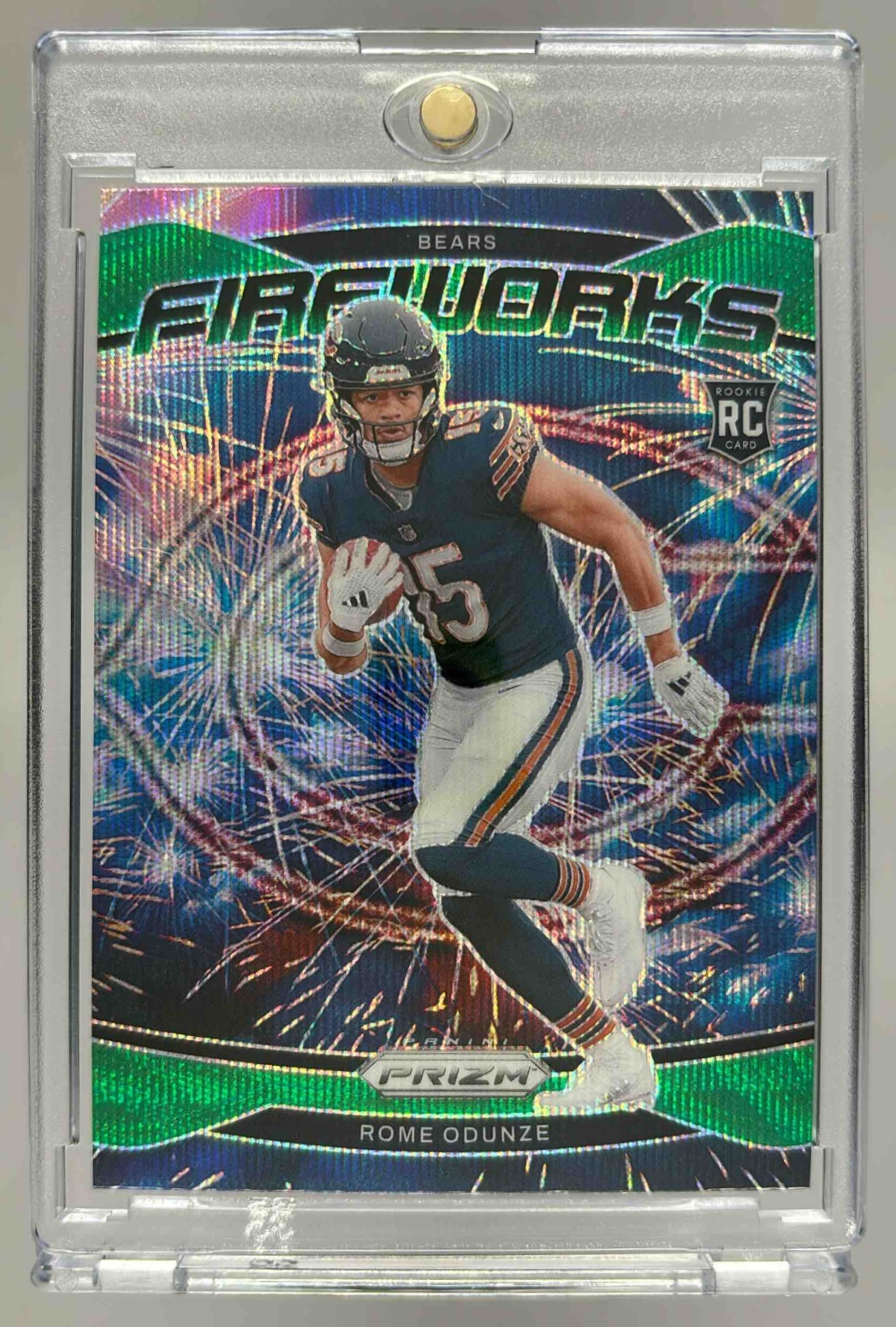 Card image for 2024 Panini Football Prizm Rome Odunze Fireworks Green Wave #19 RC Chicago Bears
