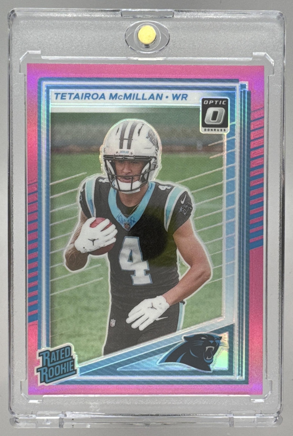 Card image for 2025 Panini Donruss Tetairoa McMillan Optic Rated Rookie Preview Pink #314 RC Panthers