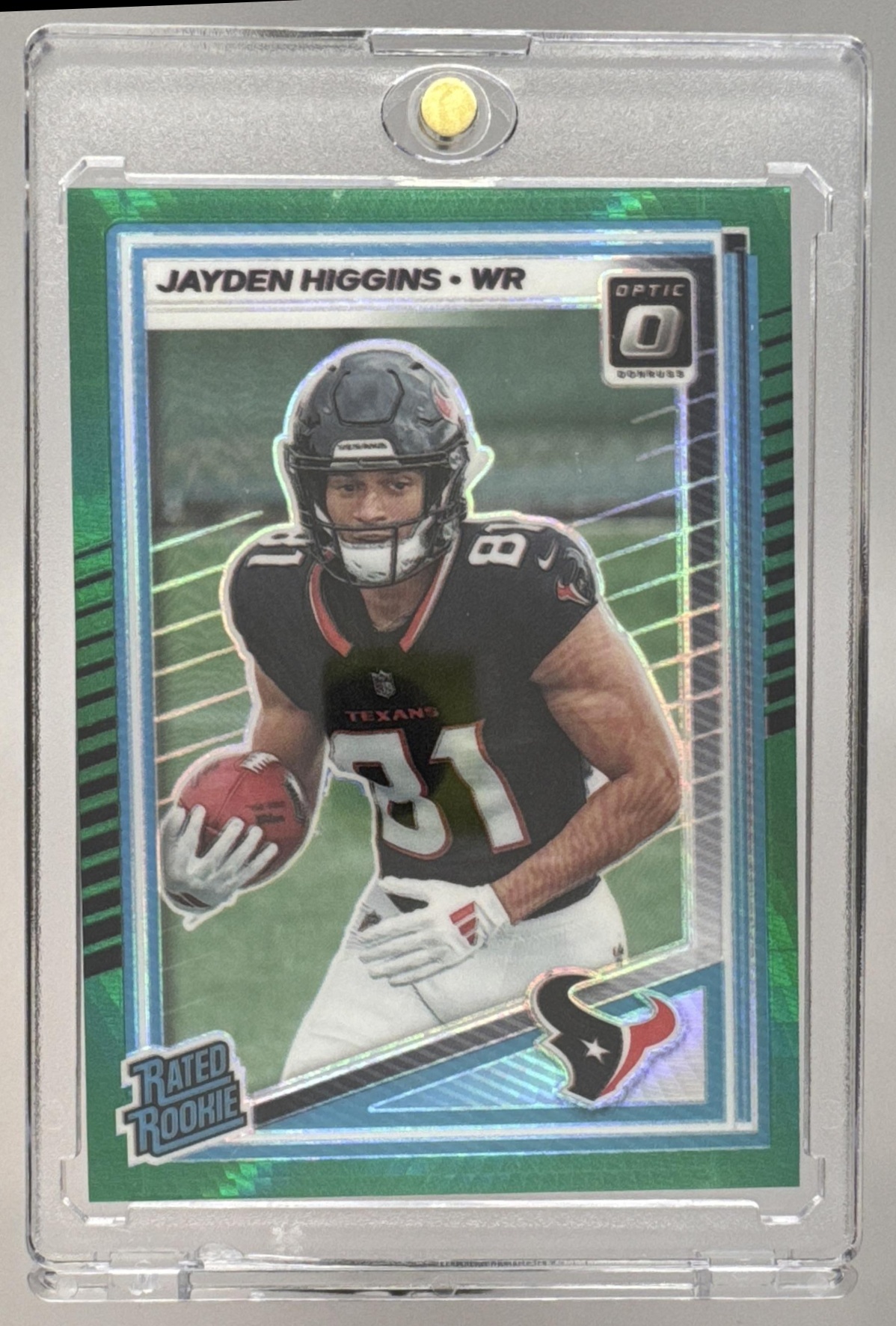 Card image for 2025 Panini Donruss Optic Jayden Higgins Rated Rookie Green Hyper Prizm #225 Texans