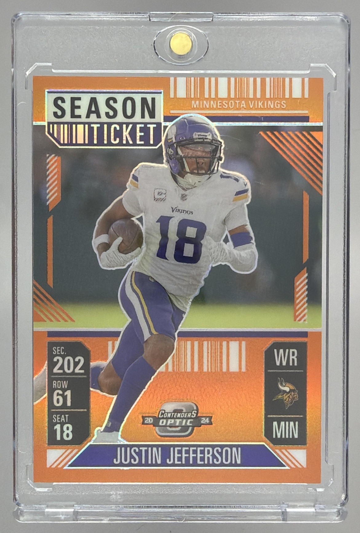 Card image for 2024 Panini Contenders Optic Justin Jefferson Season Ticket Silver Prizm #36 Vikings
